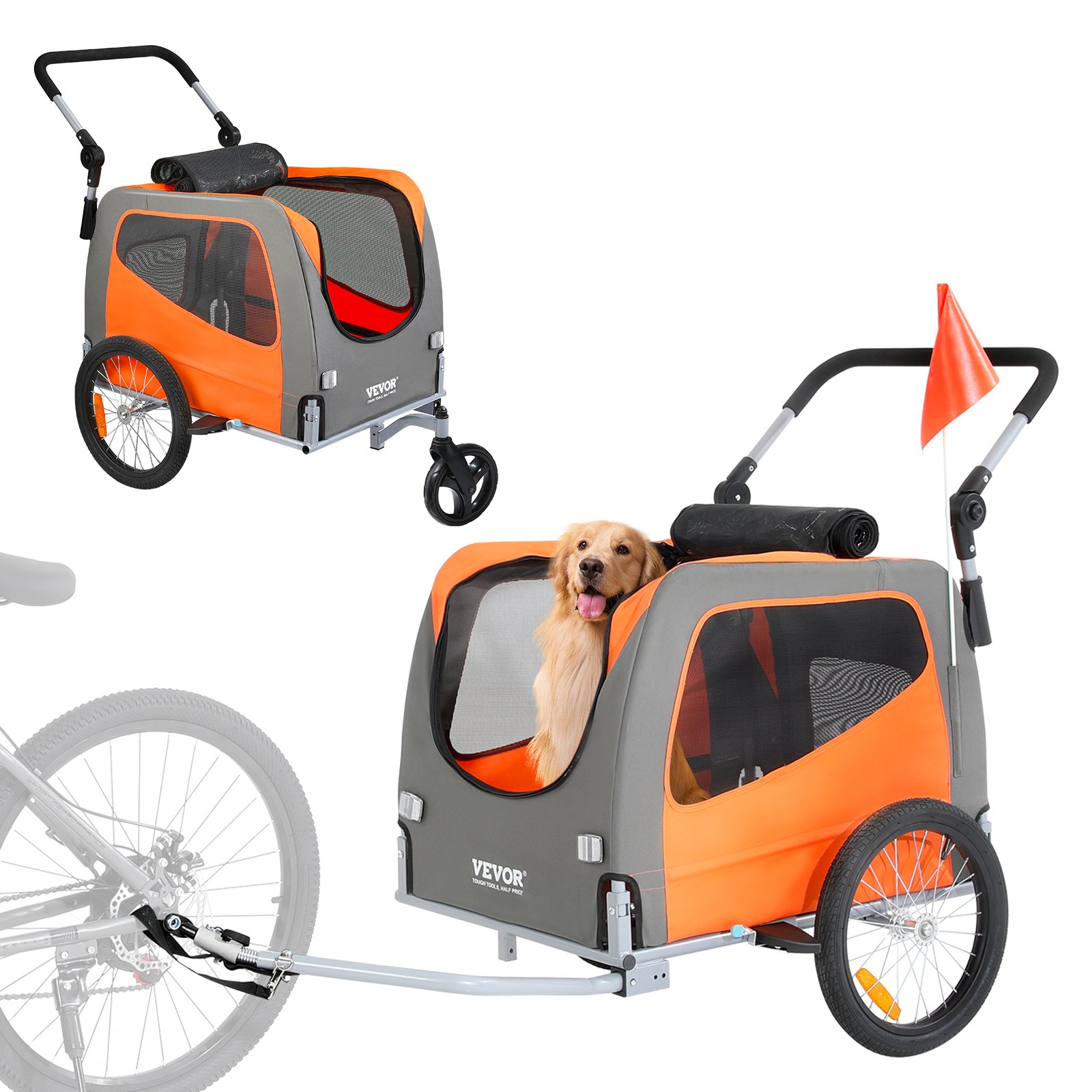 2-in-1 polkupyörän lemmikkikärry North Craft TS806, 30 kg kantavuus, 140x72x83cm, Oranssi/Harmaa