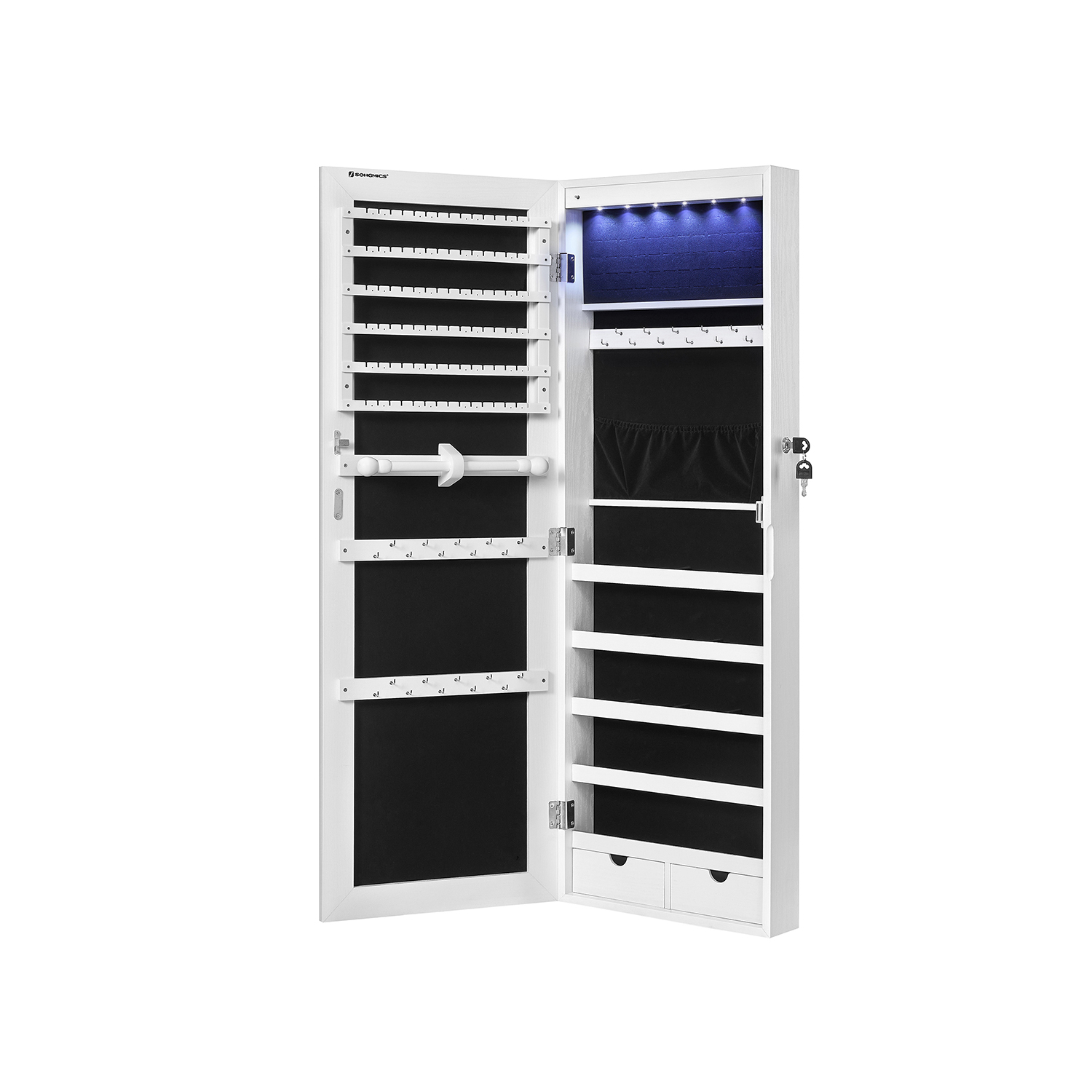 Korukaappi Songmics, 37 x 9,3 x 108 cm, LED-valot, 2 laatikkoa, valkoinen