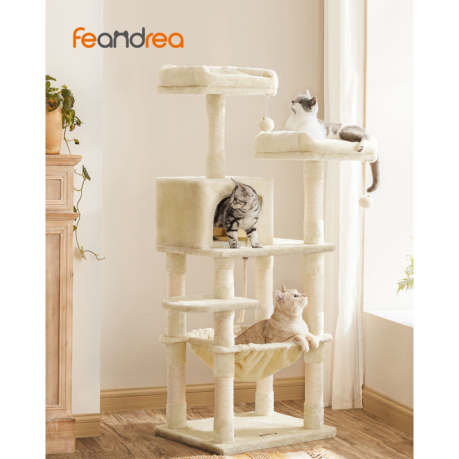 Kissan kiipeilypuu Feandrea, 143 cm, 2 pehmustettua tasoa, beige