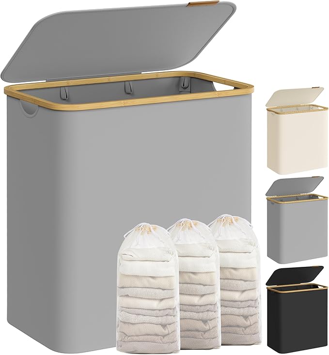 Pyykkikori Songmics, 150 l, 3-osainen, kannellinen, kyyhkynharmaa