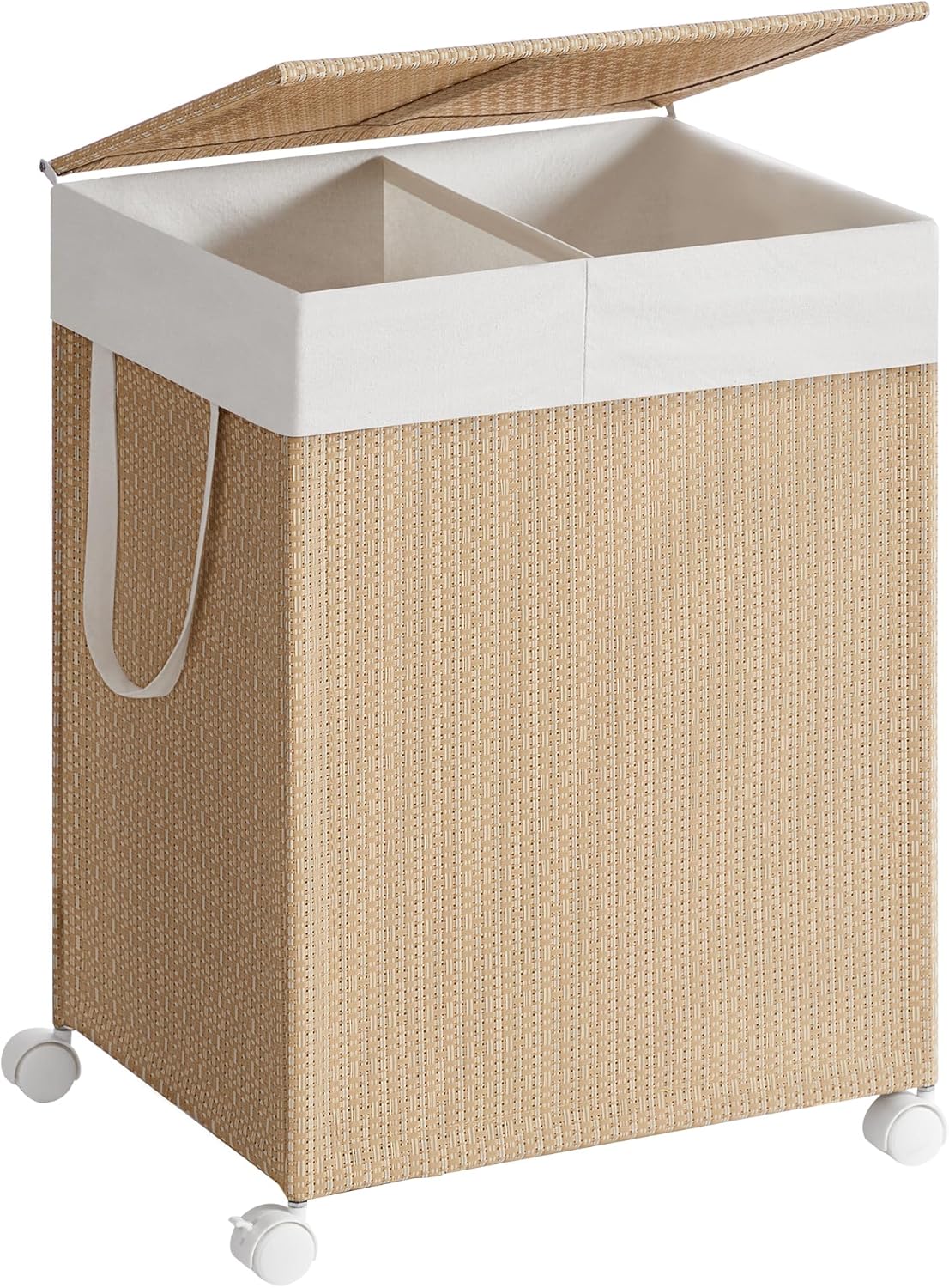 Pyykkikori Songmics Home, 46,5 x 37,5 x 65 cm, 2-osastoinen, kannellinen, beige/valkoinen