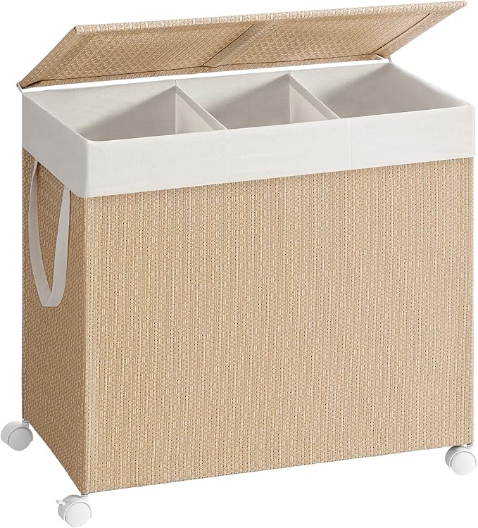 Pyykkikori Songmics Home, 66,5 x 37,5 x 65 cm, 3-osainen, pyörillä, luonnonbeige ja mattavalkoinen