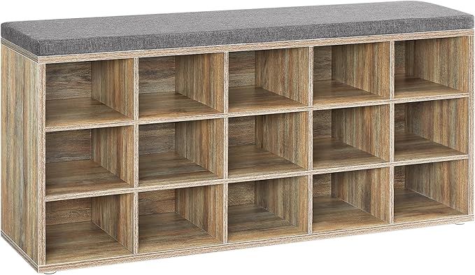 Eteispenkki kenkätelineellä Vasagle, 30 x 105 x 48 cm, pehmusteella, 15 säilytyslokeroa, harmaa