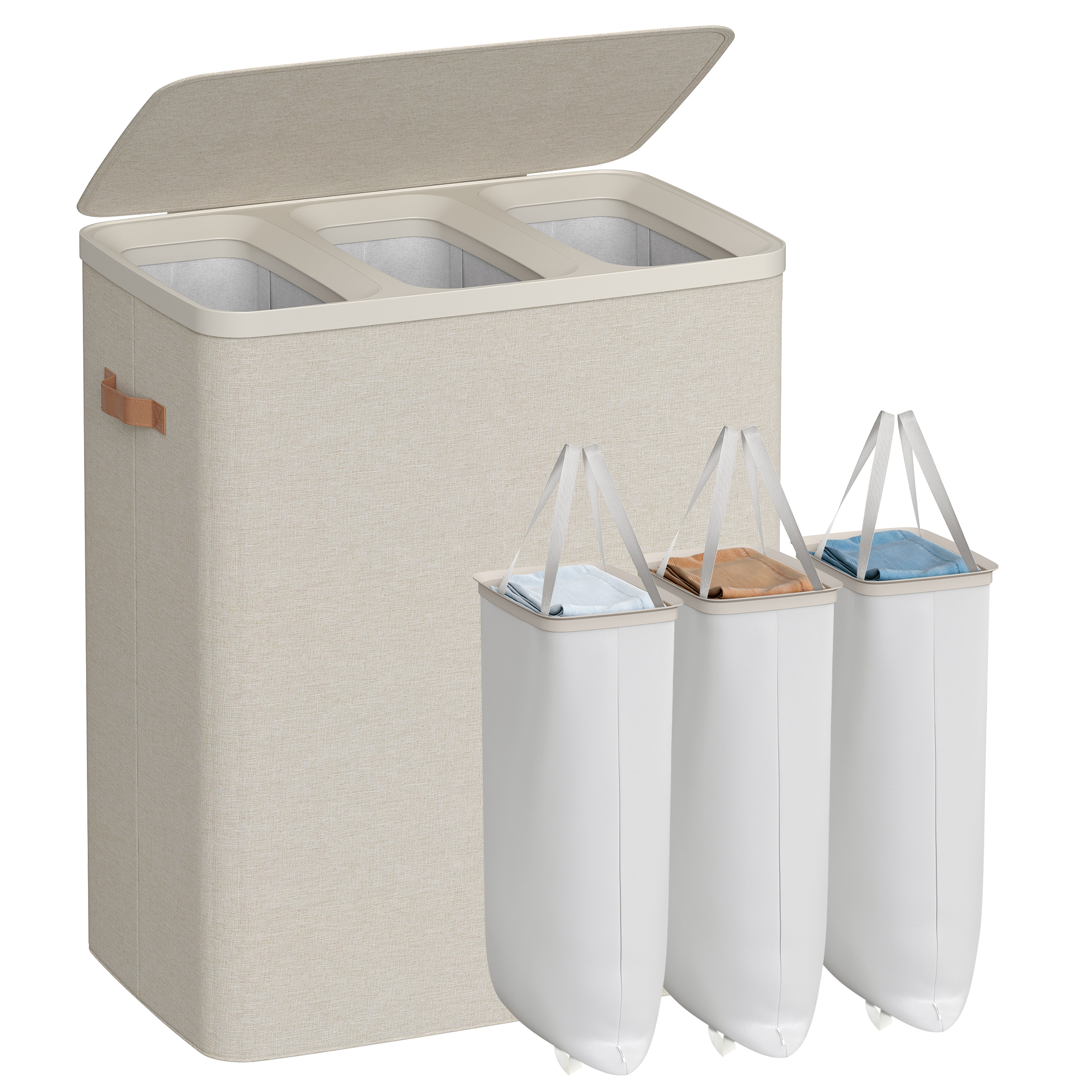 Pyykkikori Songmics, 64 x 40 x 75 cm, 3-lokeroinen, kannellinen, cappuccino beige