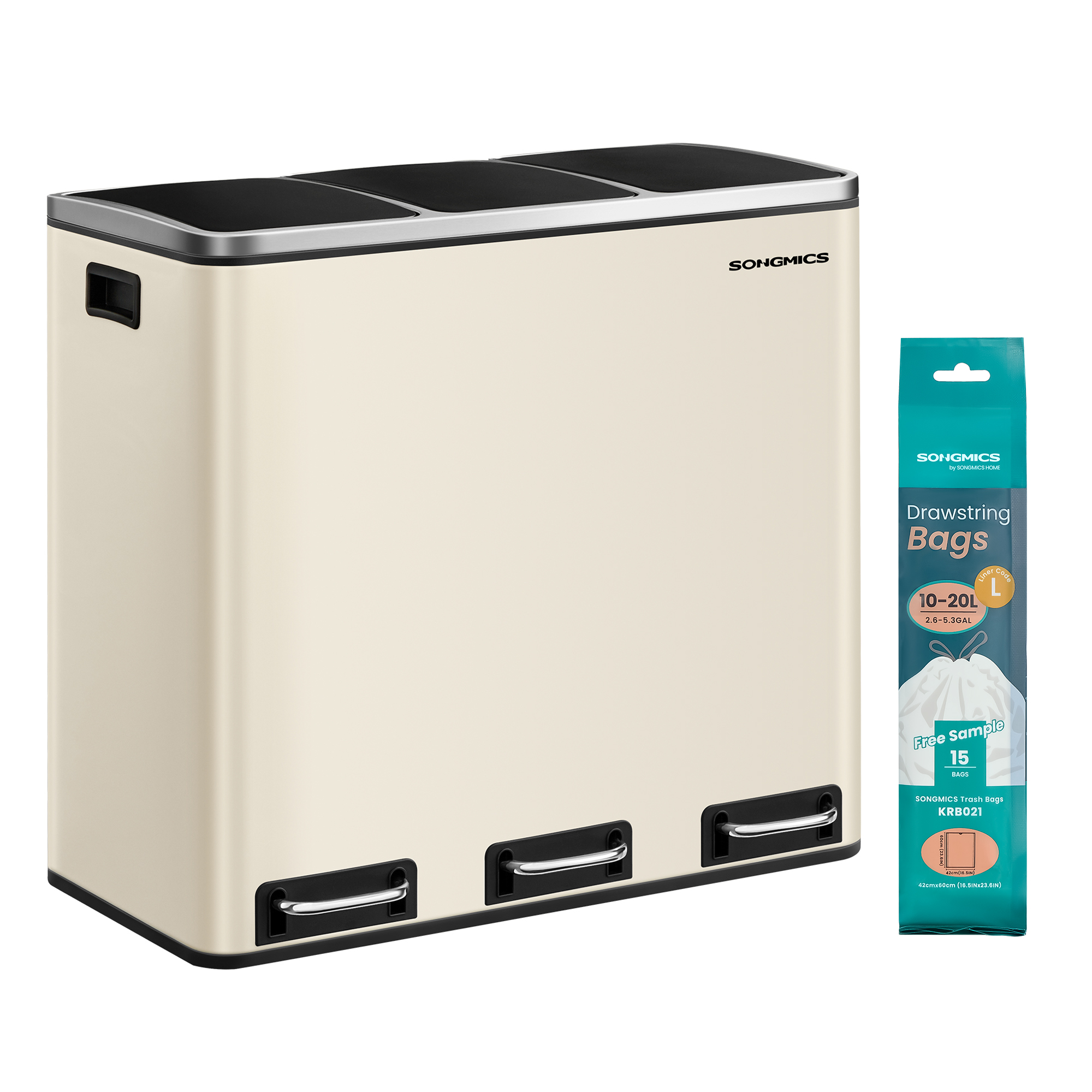 Roskakori Songmics, 3 x 18 l, soft close, hiekanbeige