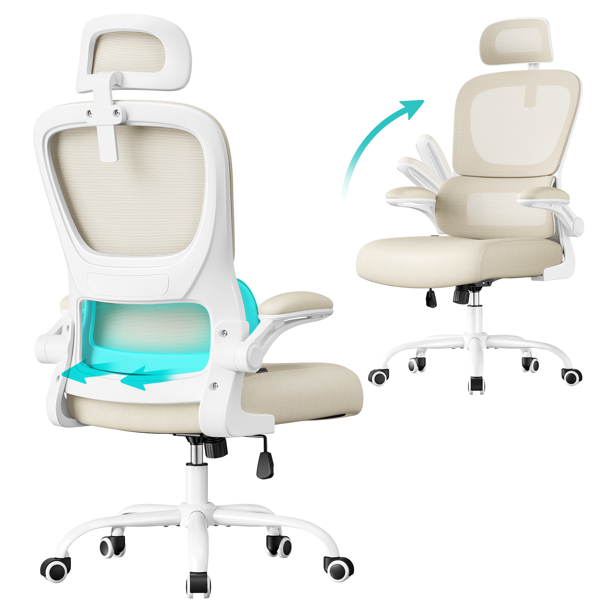 Työtuoli Songmics, 64 x 71,5 x 116-135 cm, ergonominen, verkkokangas, hiekanbeige