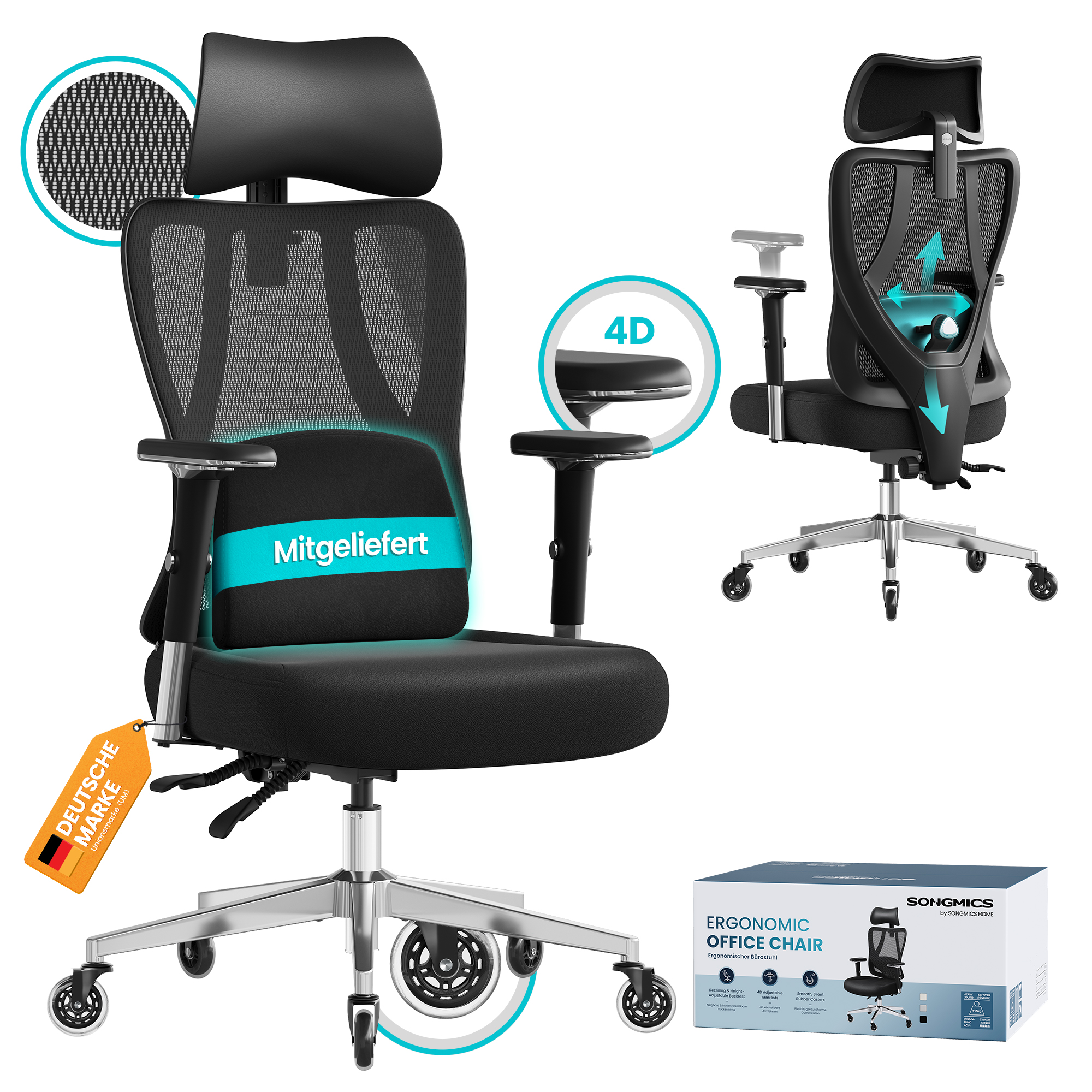 Toimistotuoli Songmics, 70 x 70 x 112-136 cm, ergonominen, säädettävä tuki, musta