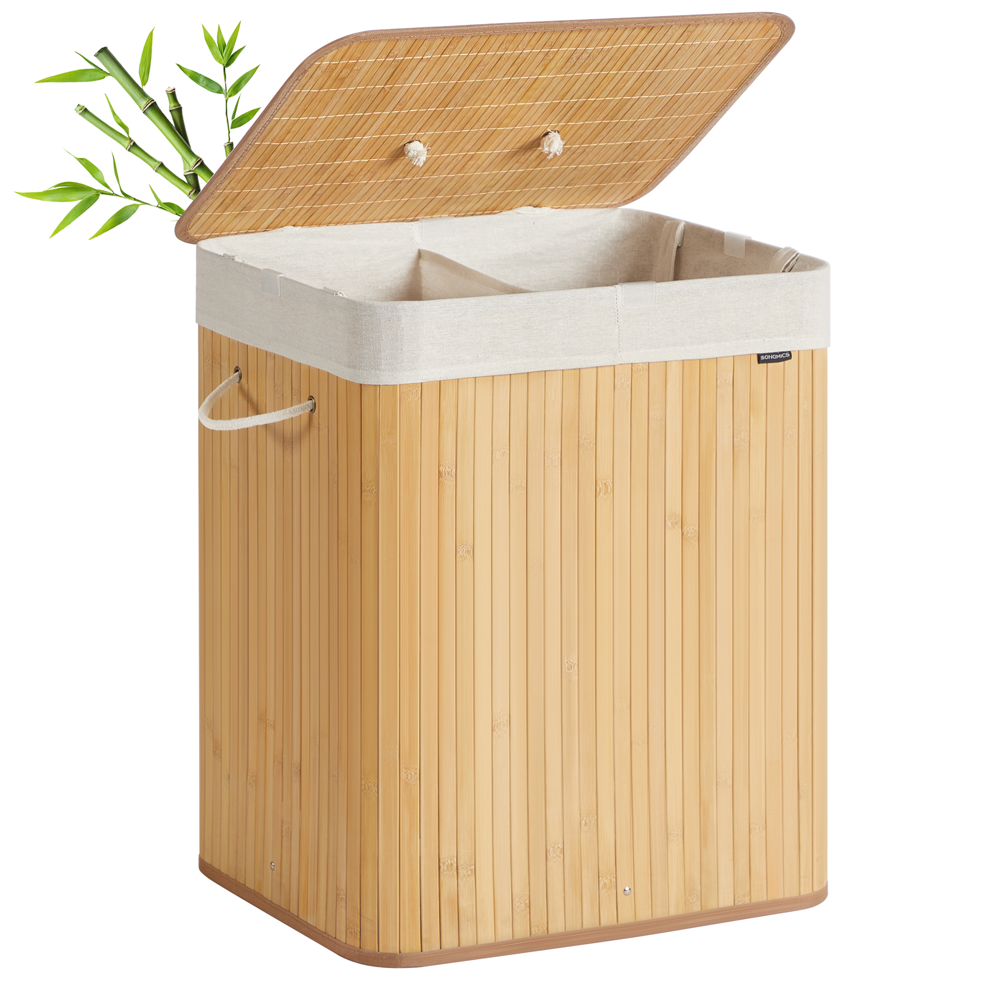 Pyykkikori Songmics, 120 l, 2 lokeroa, kannellinen, bambu