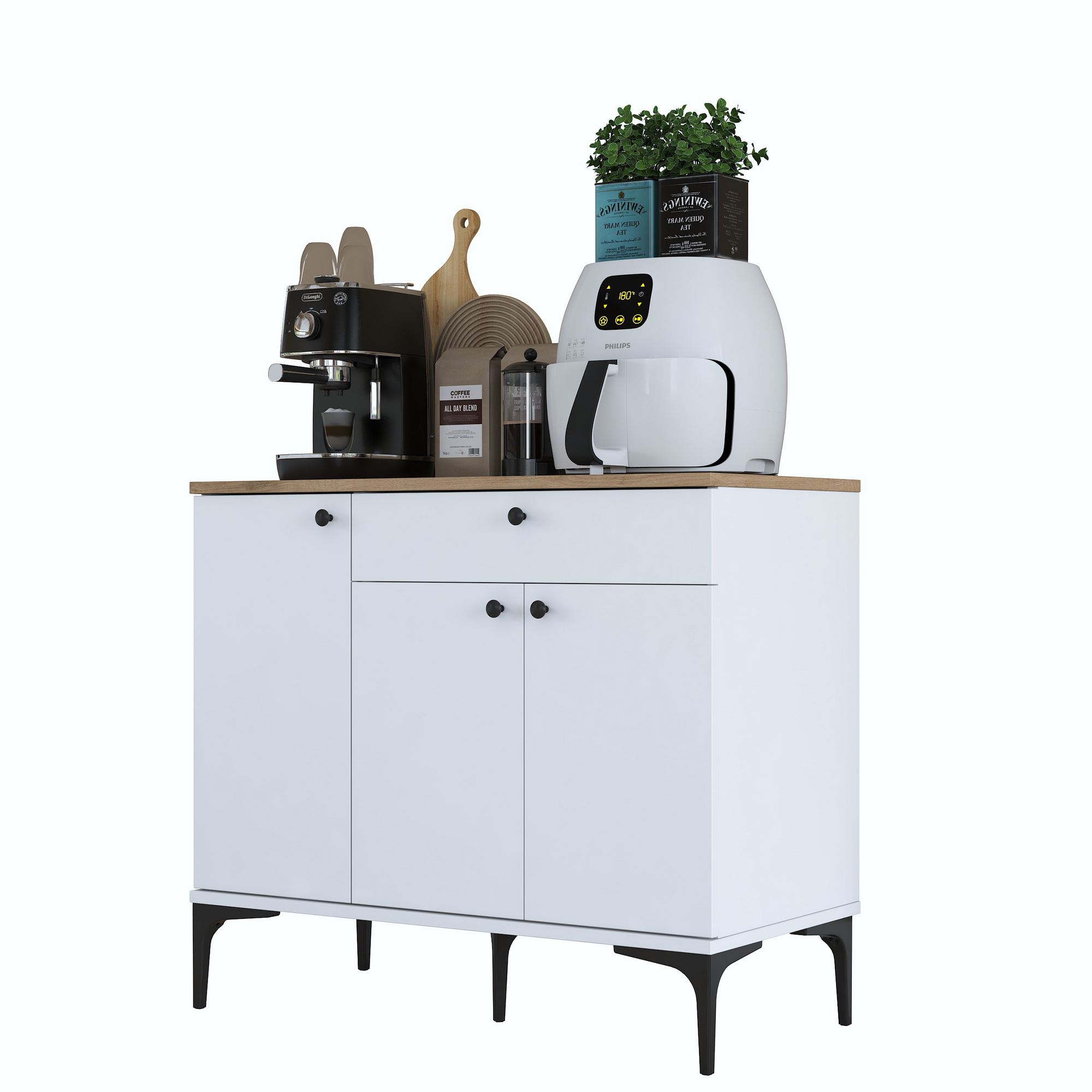 Aamiaiskaappi/kahvipiste Valento Furniture JE194, valkoinen/pähkinänruskea