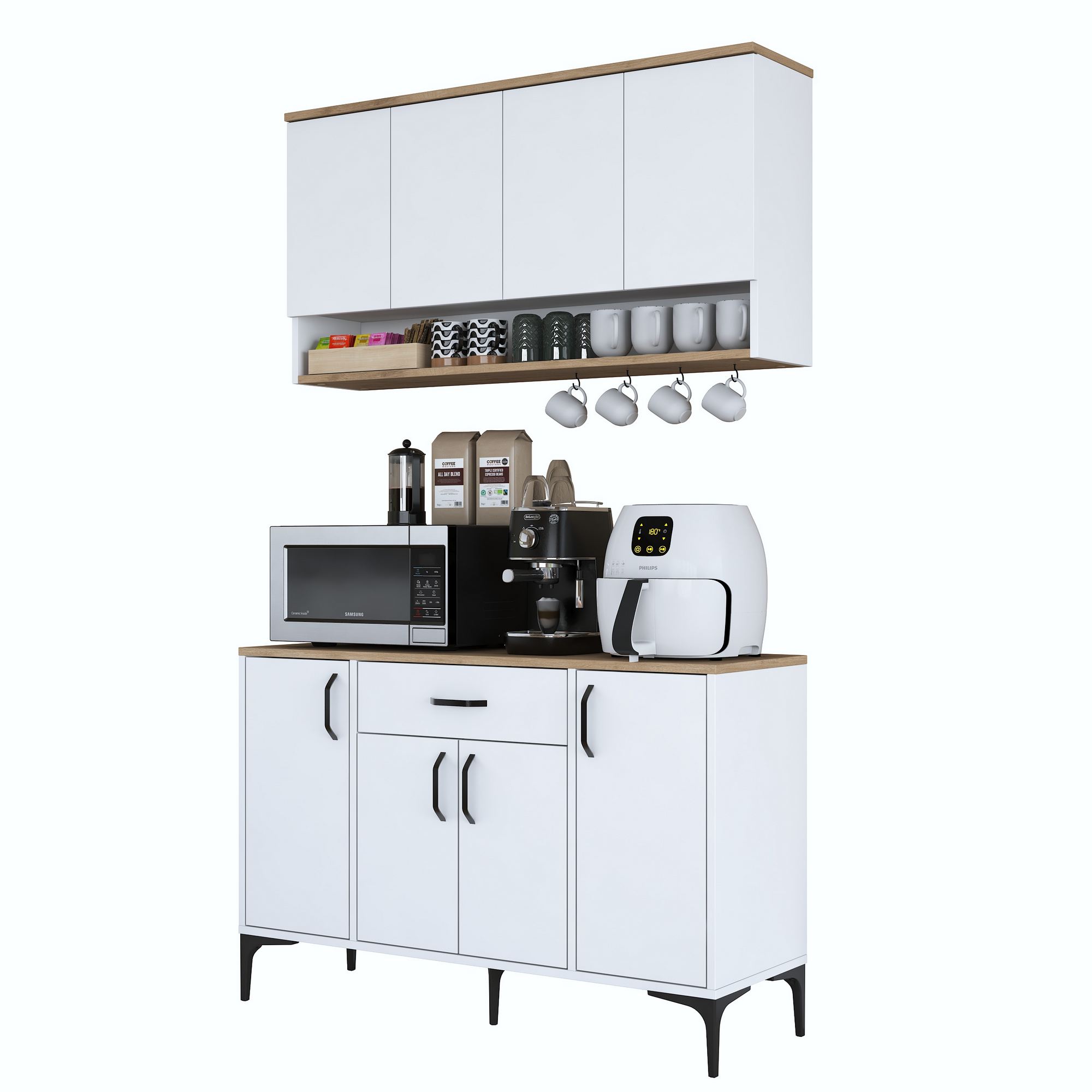 Aamiaiskaappi/kahvipiste Valento Furniture JE203, valkoinen/pähkinänruskea