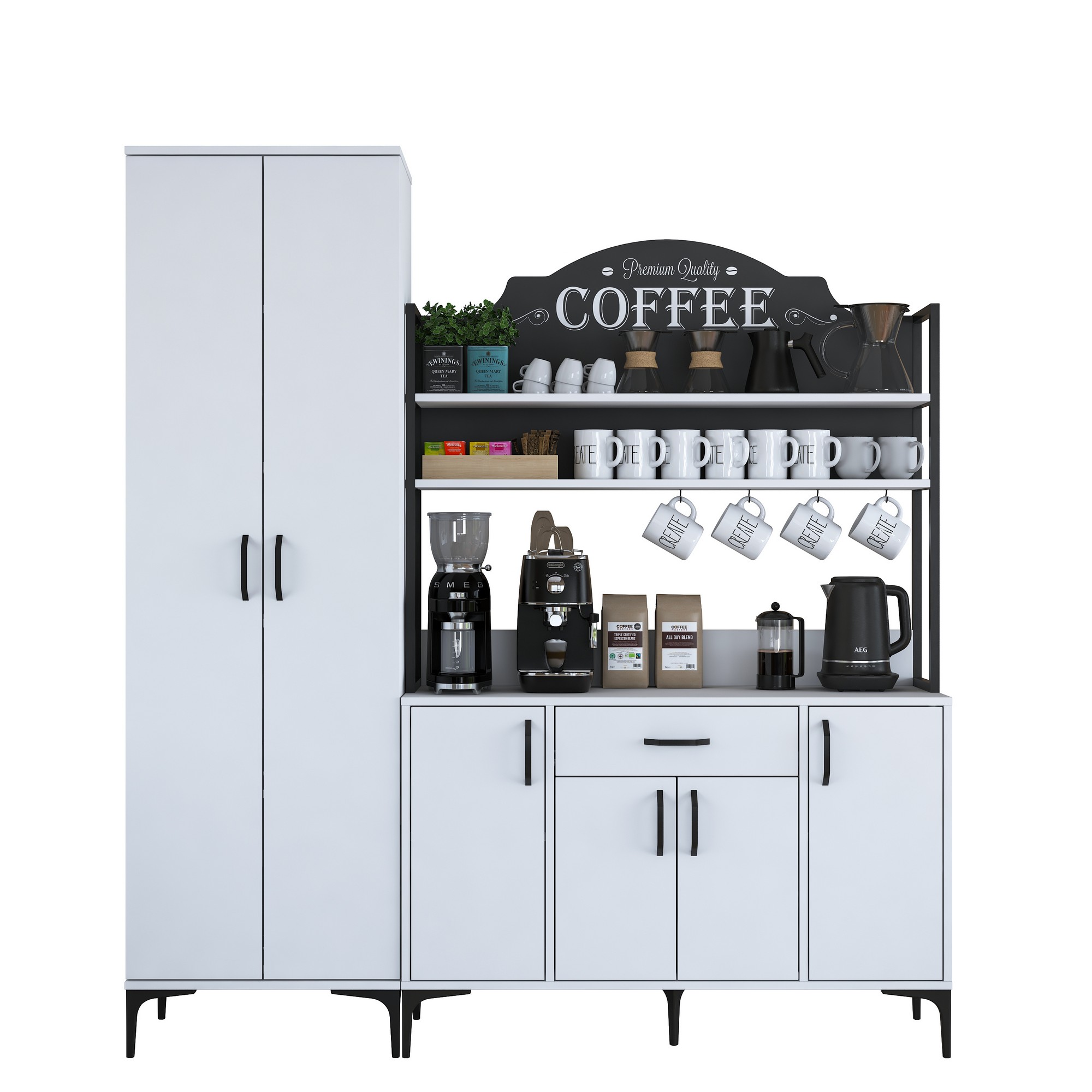 Aamiaiskaappi / keittiön säilytyskokonaisuus Valento Furniture JE148-3080, leveys 280cm, korkeus 198.6cm, valkoinen