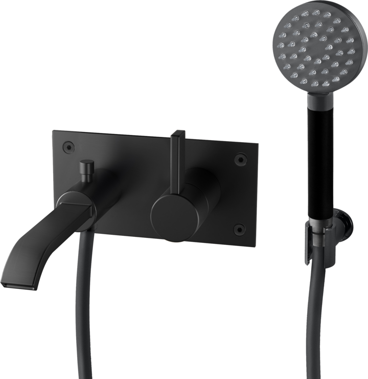 Ammehana piiloasennuksella Tapwell ARM036 Matte Black, käsisuihkulla ja juoksuputkella, mattamusta