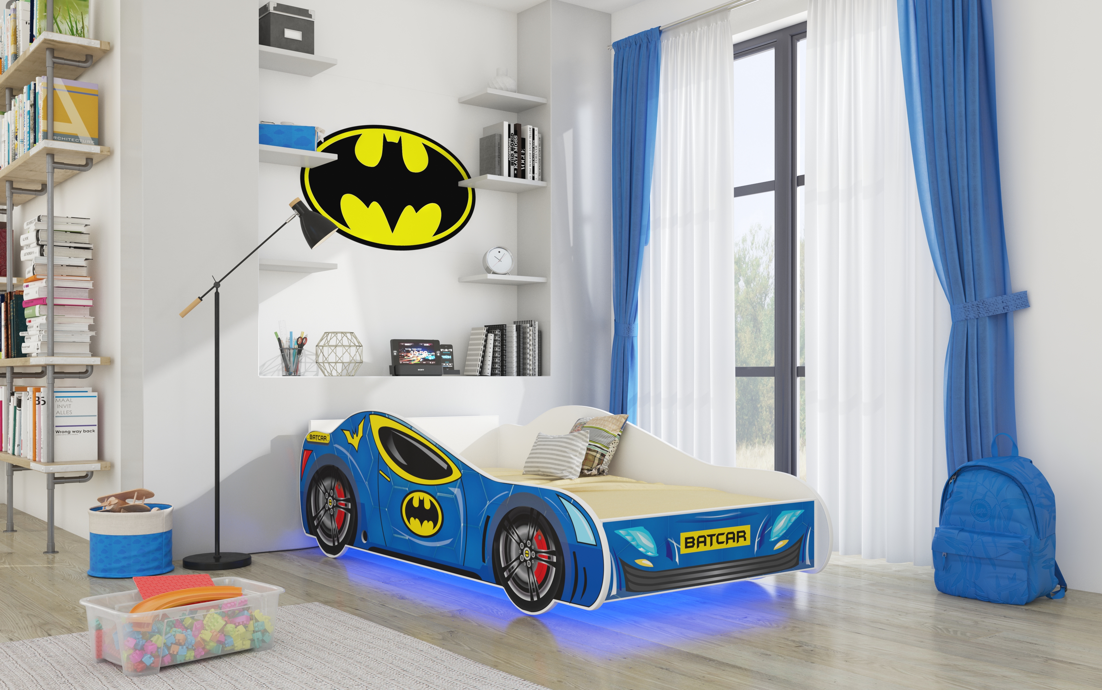 Lasten autosänky ADRK Batcar, LED-valaistuksella, sis. patjan, sininen