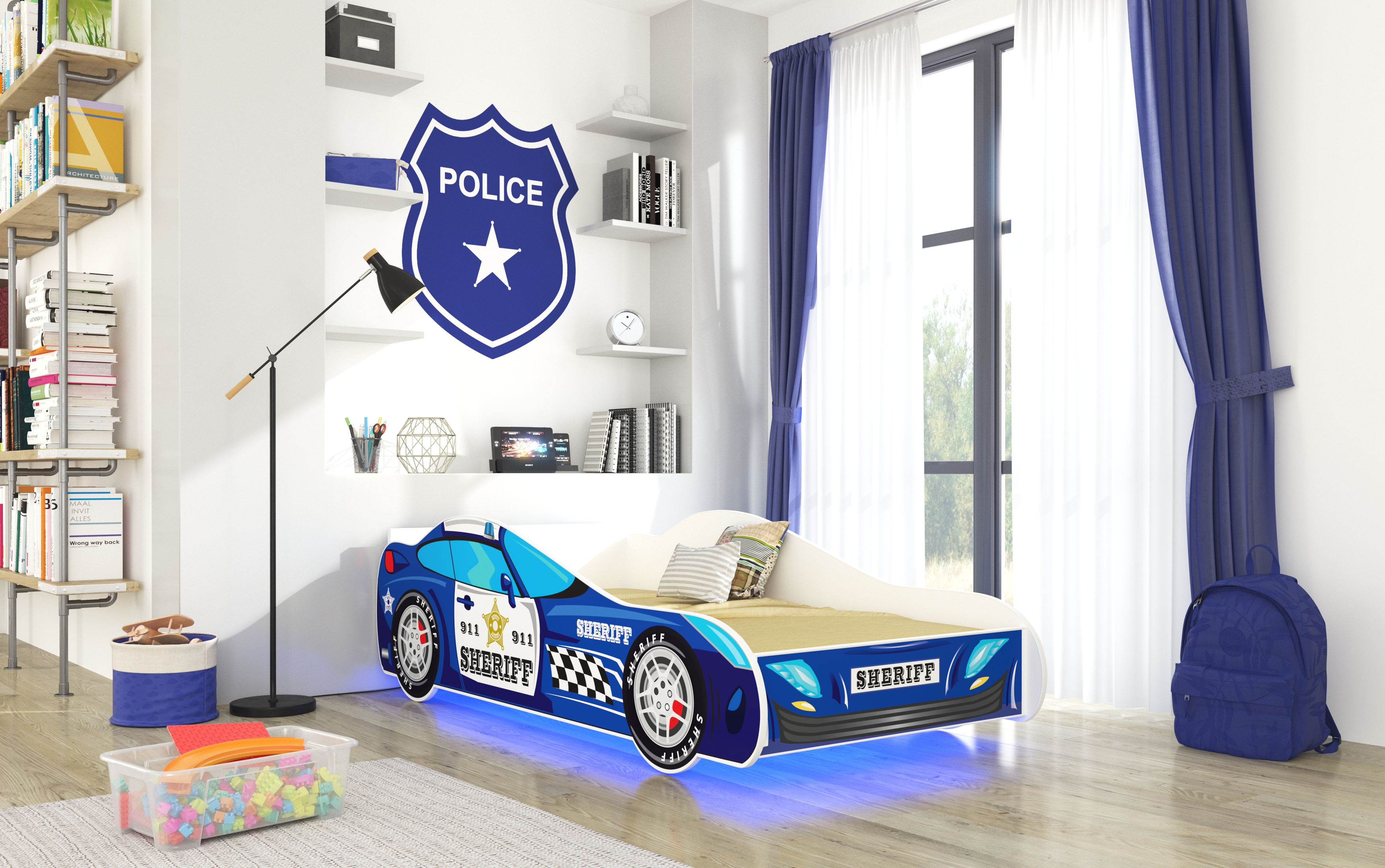 Lasten autosänky ADRK Sheriff, LED-valaistuksella, sis. patjan, sininen