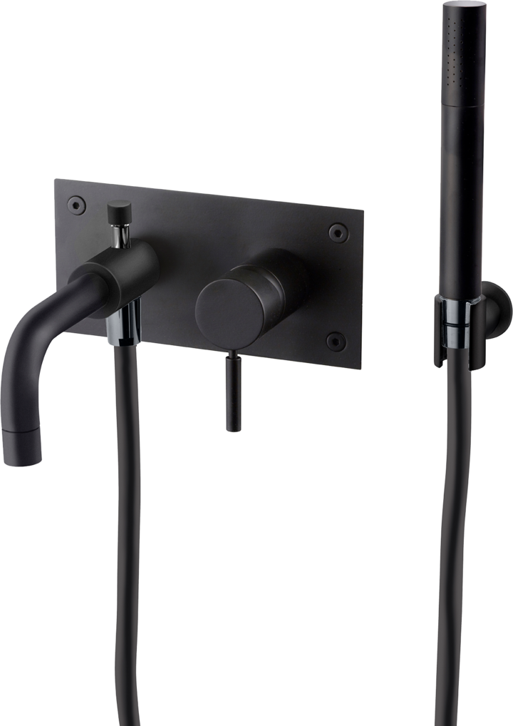 Ammehana piiloasennuksella Tapwell BOX026 Matte Black, käsisuihkulla ja juoksuputkella, mattamusta