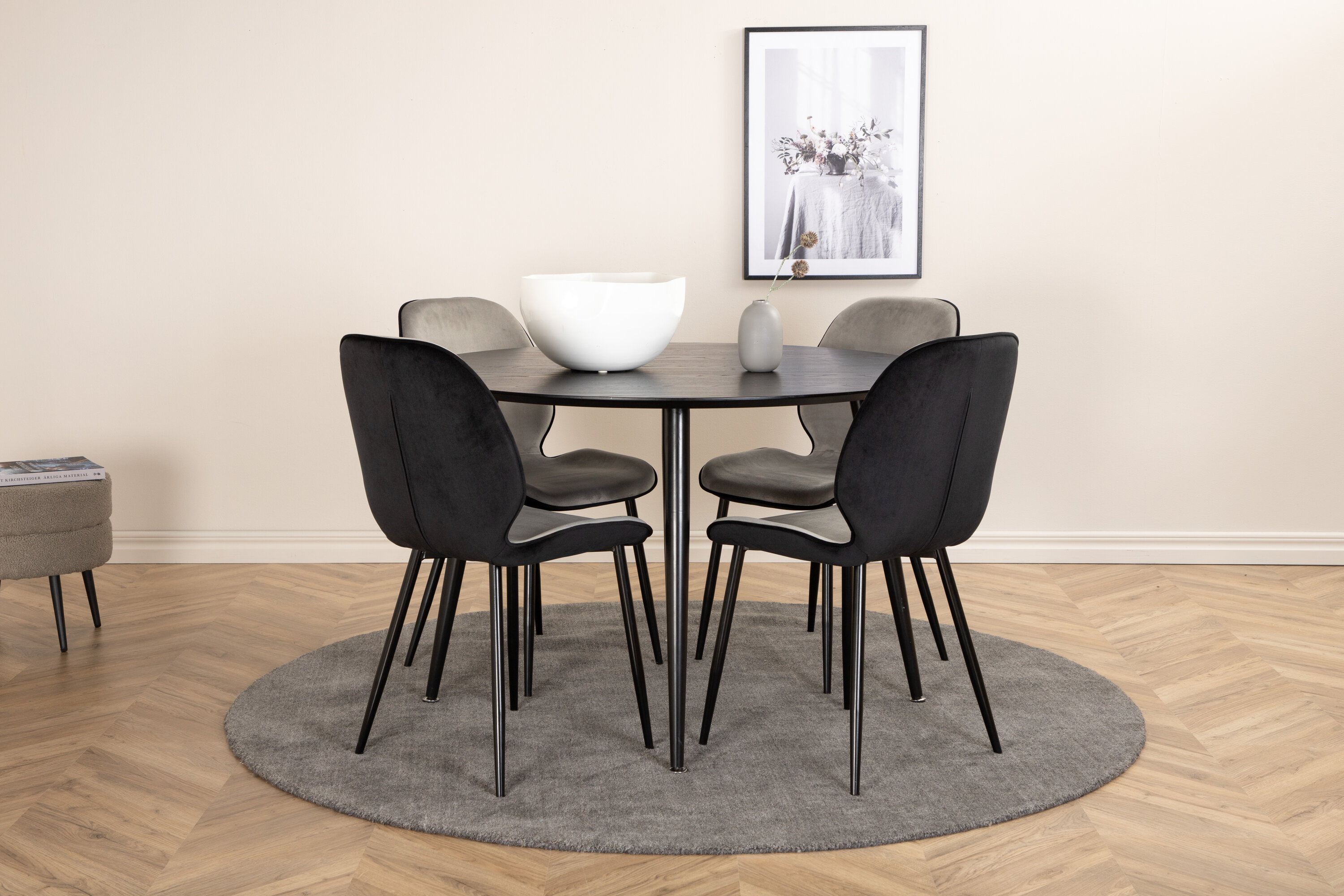Ruokailuryhmä Venture Home Dipp/Emma, Ø115 cm pöytä + 4 tuolia, musta/vaaleanharmaa