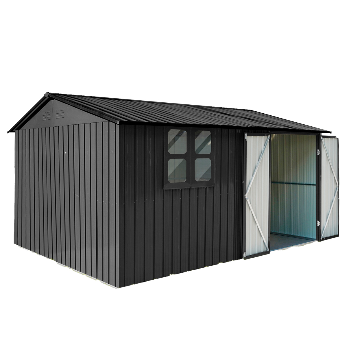 Pihavarasto Fornorth, 375x286x162cm, ikkuna, musta