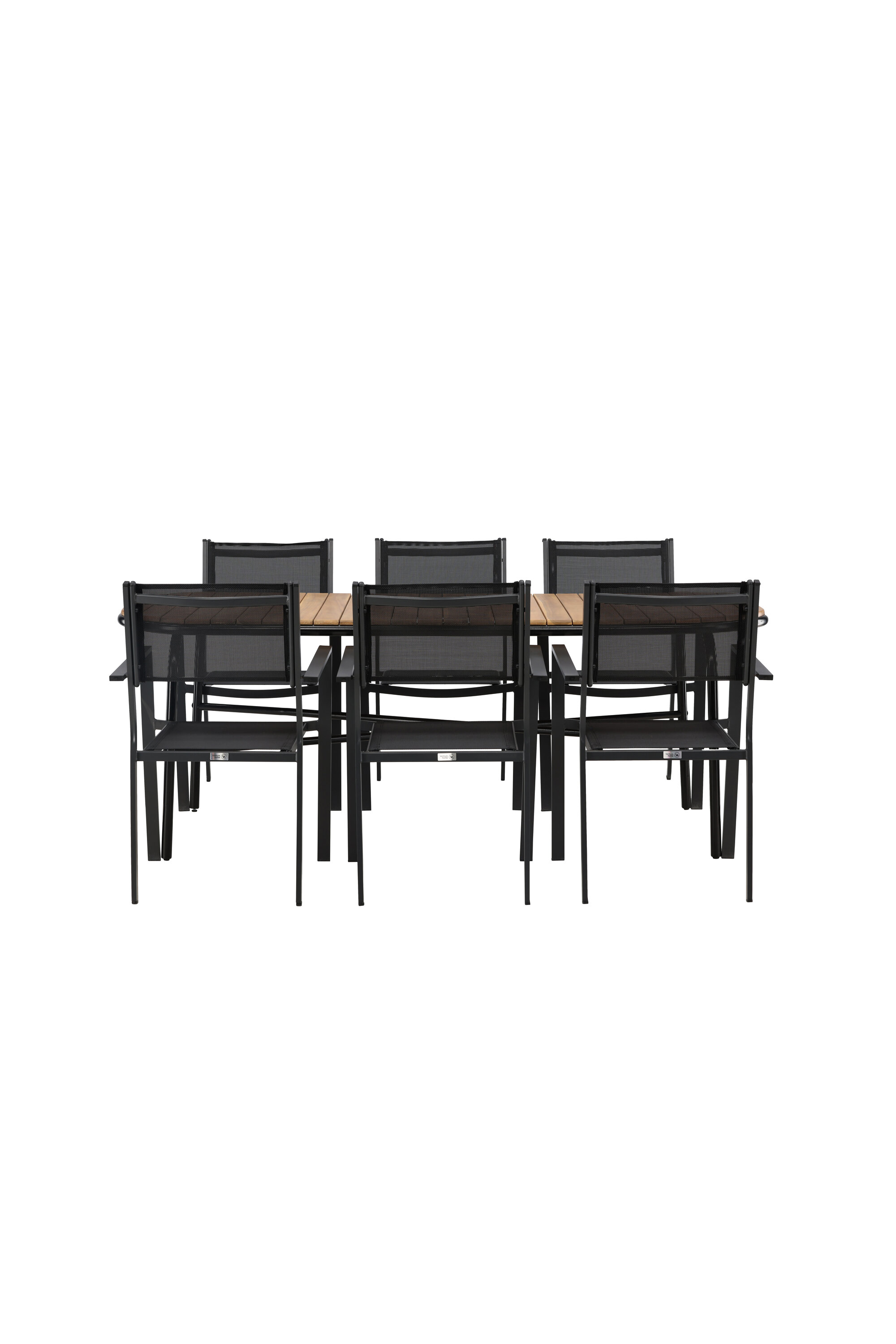 Ruokailuryhmä Venture Home Holmbeck/Copacabana, 200x90 cm pöytä + 6 pinottavaa tuolia, musta