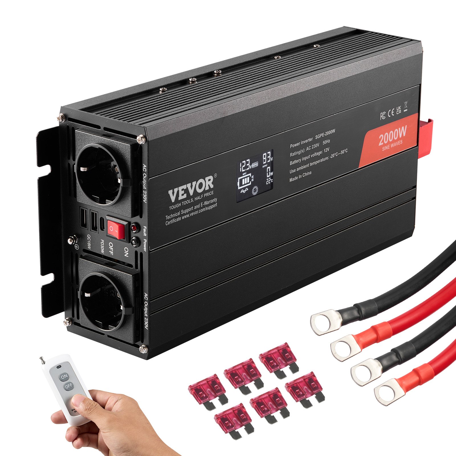 Invertteri North Craft SGPE-2000W, 2000W, 12V DC - 230V AC, LCD-näyttö, Musta