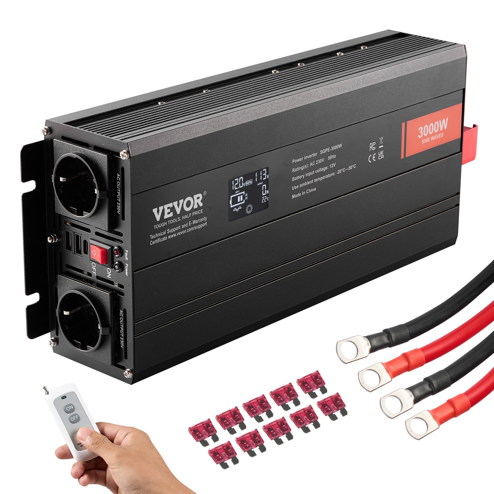 Invertteri North Craft SGPE-3000W, 3000W, 2x AC, 2x USB, 1x Type-C, LCD, kaukosäädin