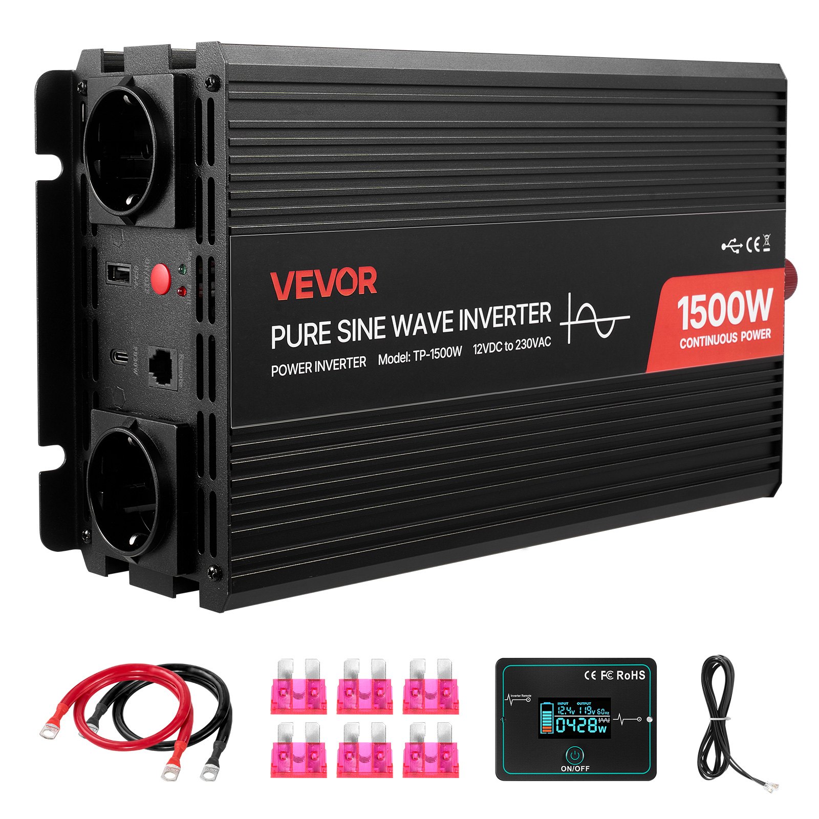 Invertteri North Craft TP-1500W, 1500W 12V DC - 230V AC, Alumiini
