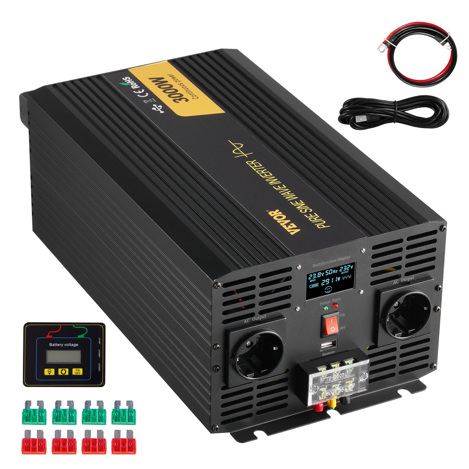 Invertteri North Craft TP-3000W, 3000W 24V DC-230V AC, USB, LCD, Harmaa