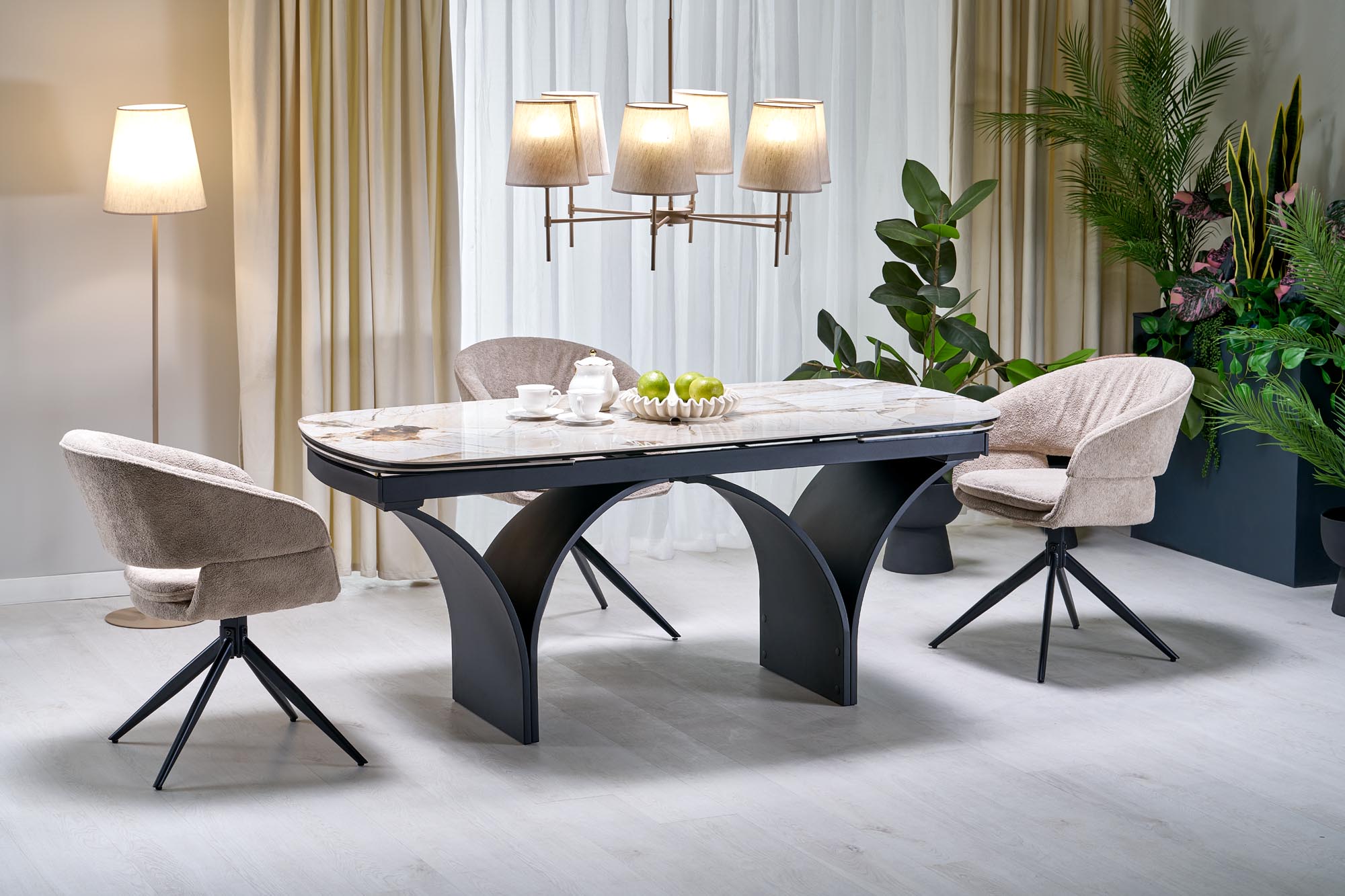 Jatkettava ruokapöytä Halmar ALTER, 180/260x90cm, beige marmorikuvio/musta