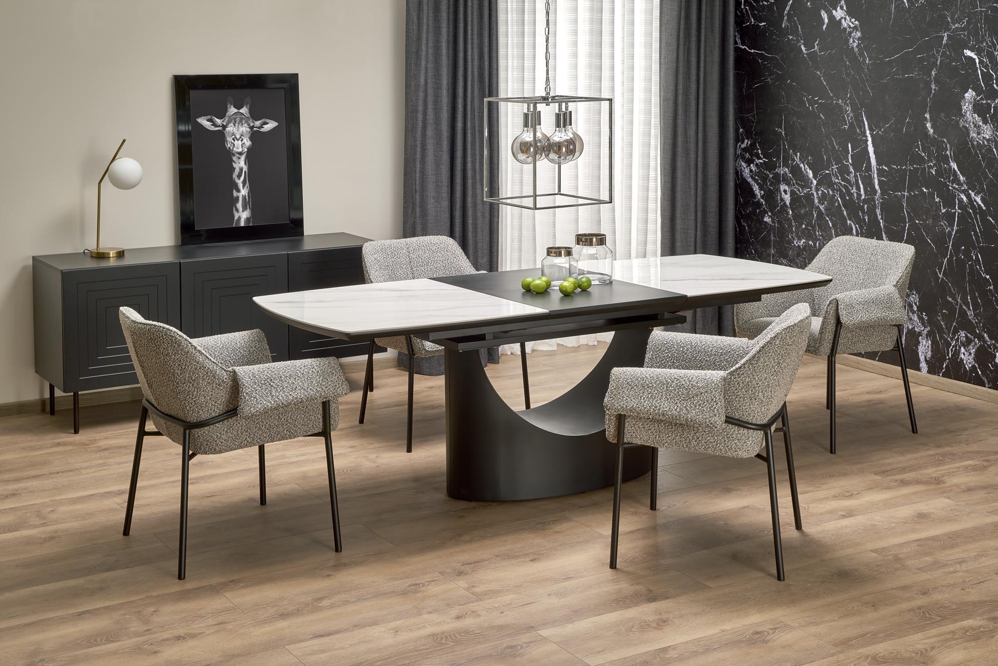 Jatkettava ruokapöytä Halmar OSMAN, 160/220/90cm, valkoinen marmorikuvio/musta