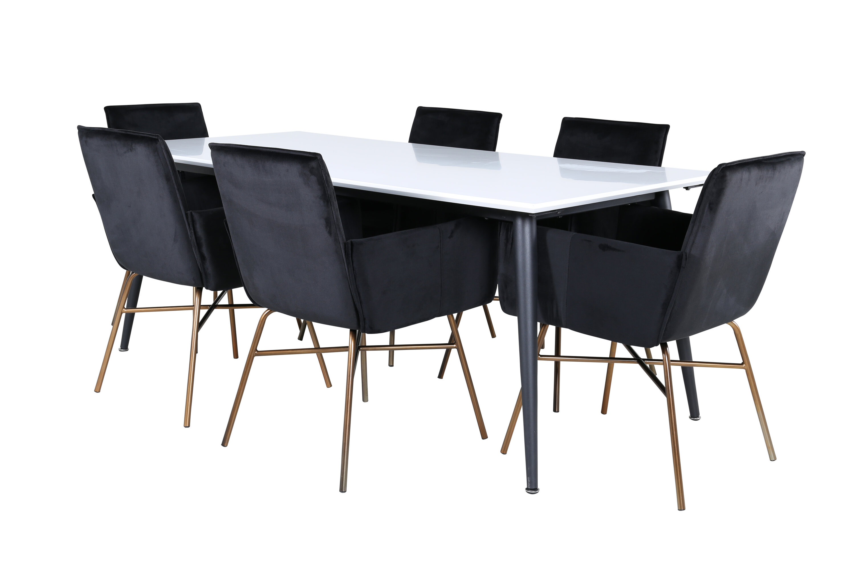 Ruokailuryhmä Venture Home Jimmy/Petra, 195–285x90cm pöytä + 6 tuolia, jatkettava, valkoinen/musta/kupari