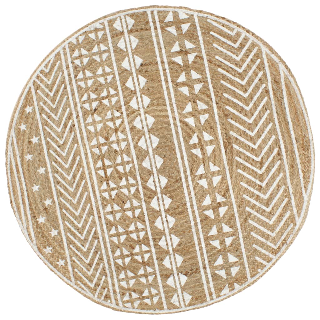 Juuttimatto, Ø120cm, käsinkudottu, valkoisella kuviolla