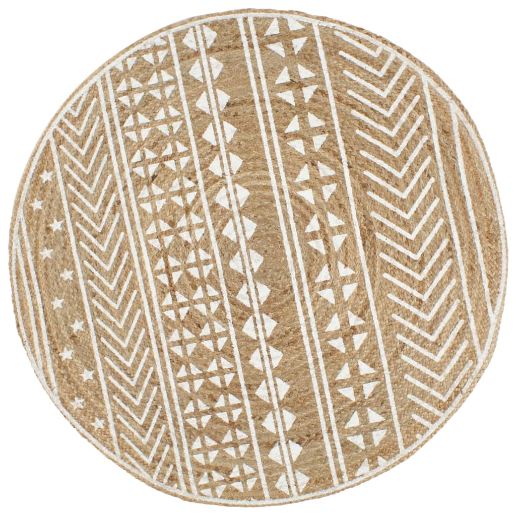 Juuttimatto, Ø90cm, käsinkudottu, valkoisella kuviolla