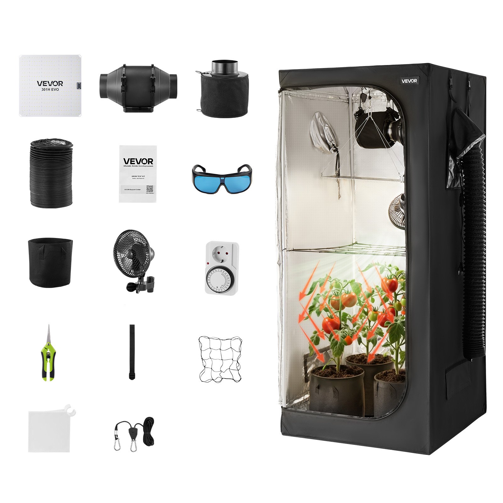 Kasvatusteltta North Craft, 80x80x180cm, LED-valo, musta