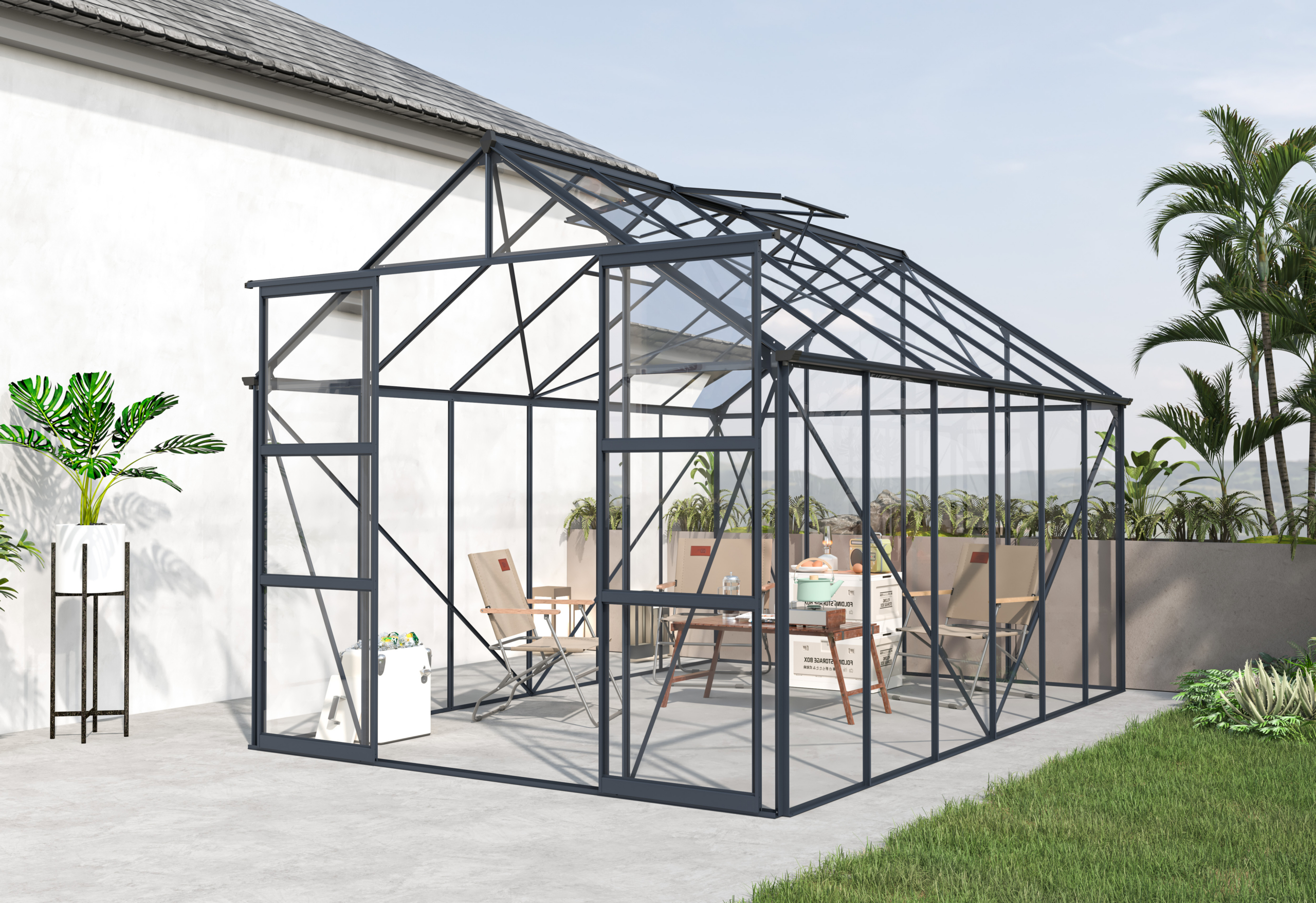 Kasvihuone AitaX, 8.94m², turvalaseilla, tummanharmaa runko