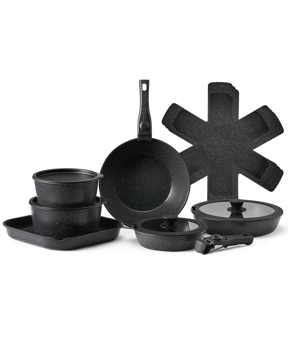 Kattila- ja paistinpannusarja North Craft Granite Nonstick, 17-osainen, irrotettavat kahvat, musta