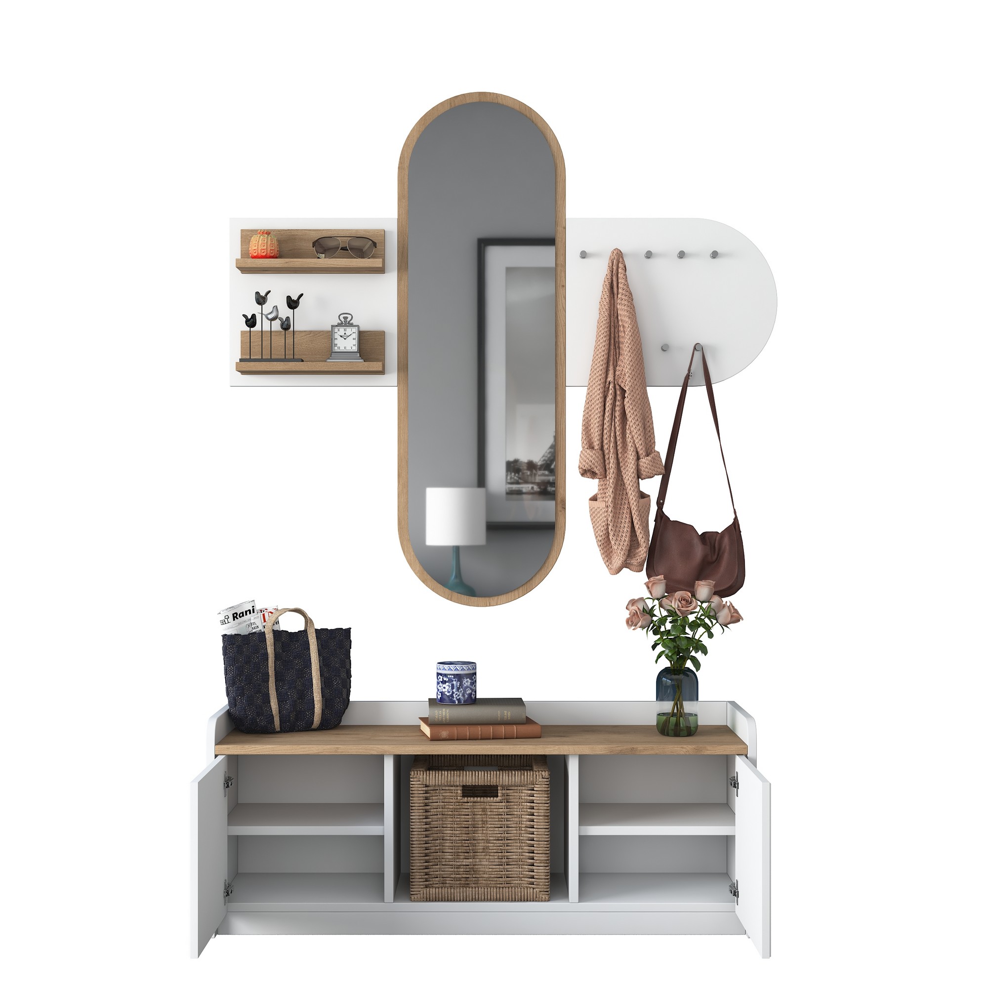 Eteisen kalustesarja Valento Furniture EE101, 120x45x40cm, Peili, Valkoinen/Pähkinä