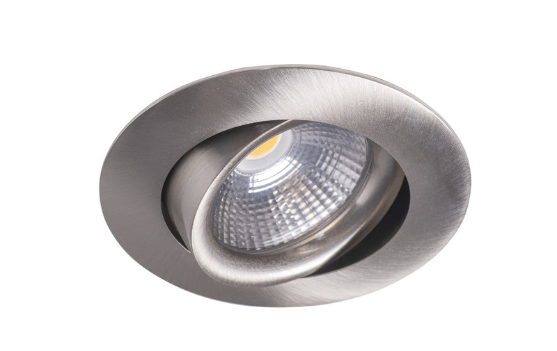 LED-alasvalo Airam Compact, Ø80x39mm, IP44, 5W/830, himmennettävä, suunnattava, satiini nikkeli