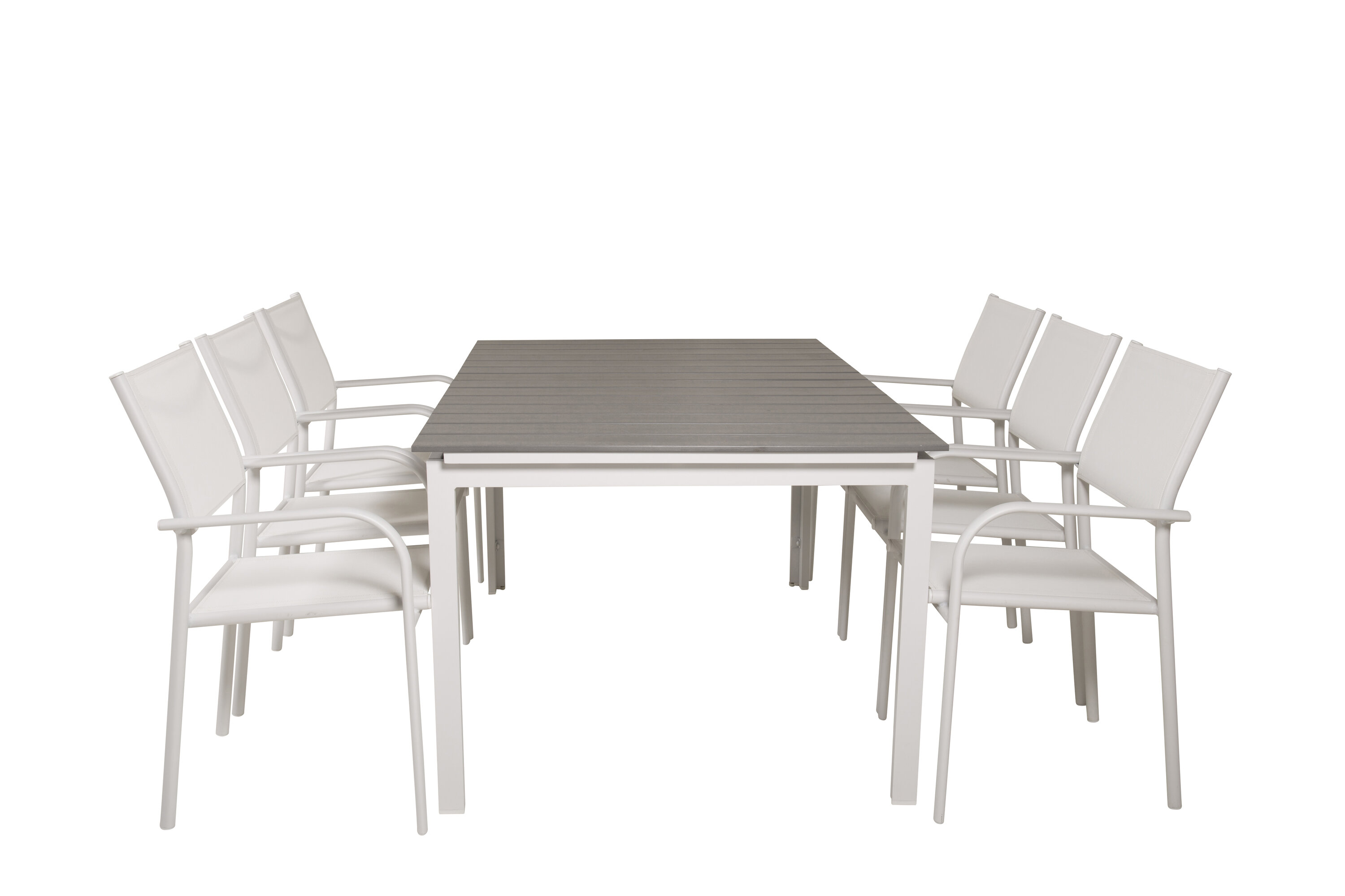 Ruokailuryhmä Venture Home Levels/Santorini, 160/240x100cm pöytä + 6 tuolia, jatkettava, valkoinen/harmaa