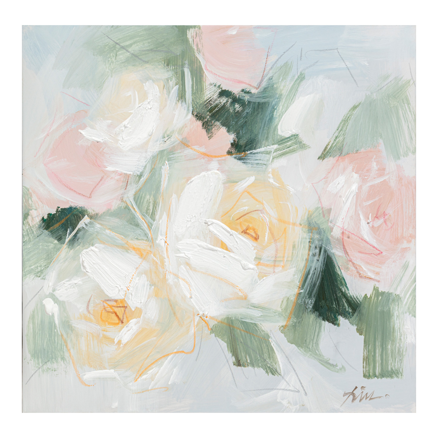 Maalaus Home4You Öljyvärimaalaus 100x100cm, Pastelliset Kukat, Pinkki