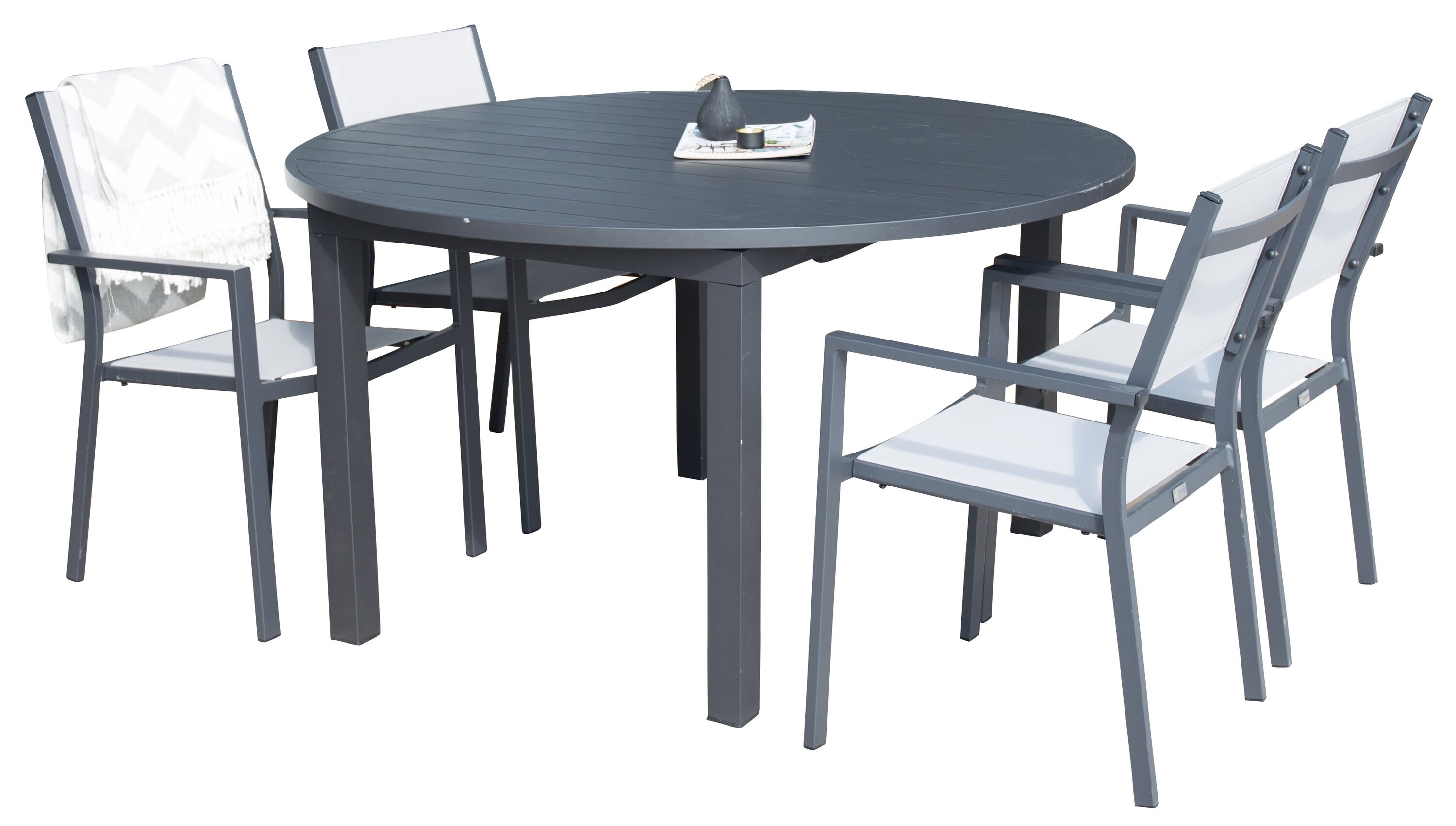 Ruokailuryhmä Venture Home Marbella/Copacabana, Ø140cm, jatkettava, pinottavat tuolit, musta/harmaa