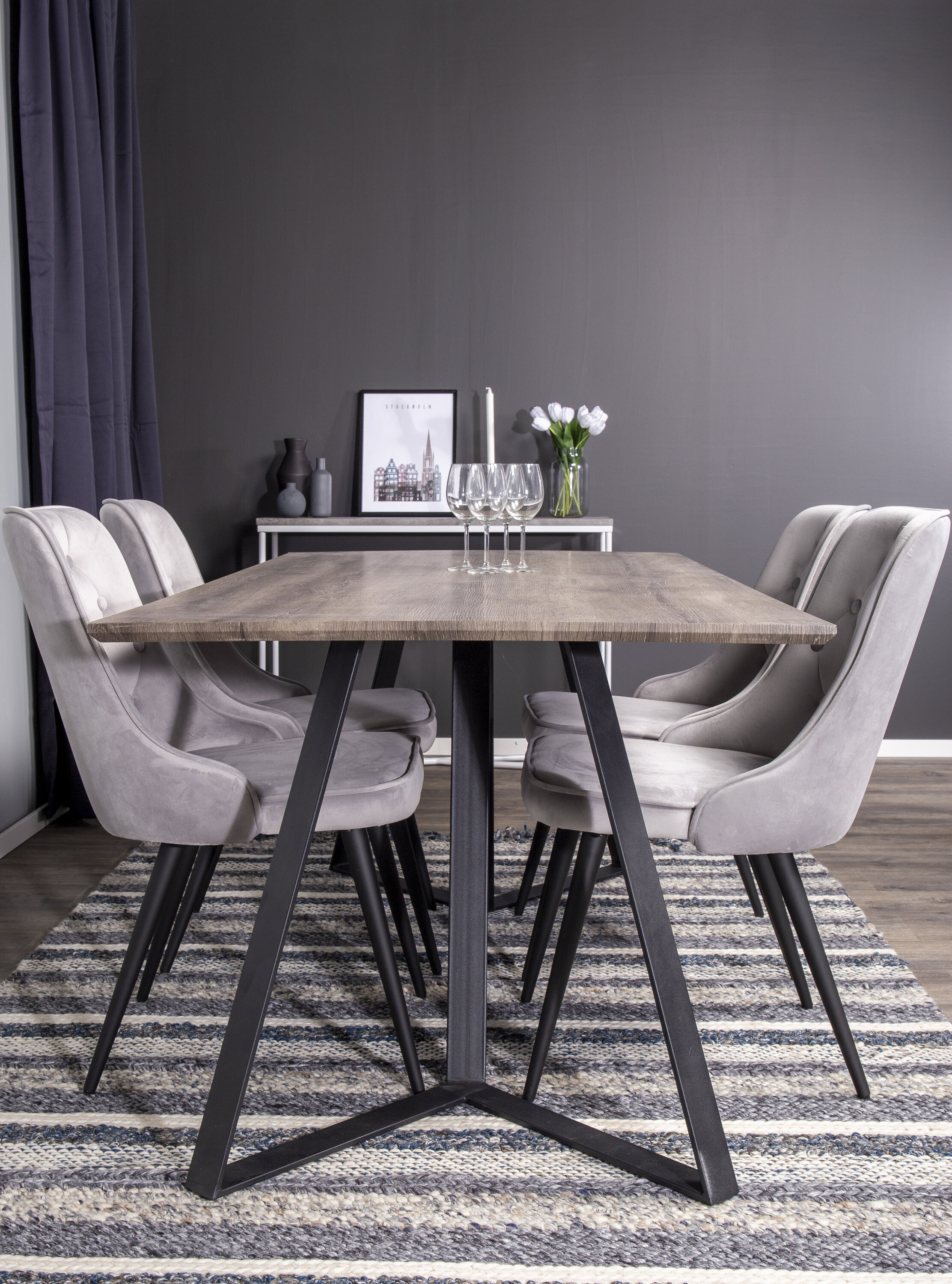 Ruokailuryhmä Venture Home Marina/Velvet Deluxe, 180x90cm pöytä + 4 tuolia, ruskea/harmaa