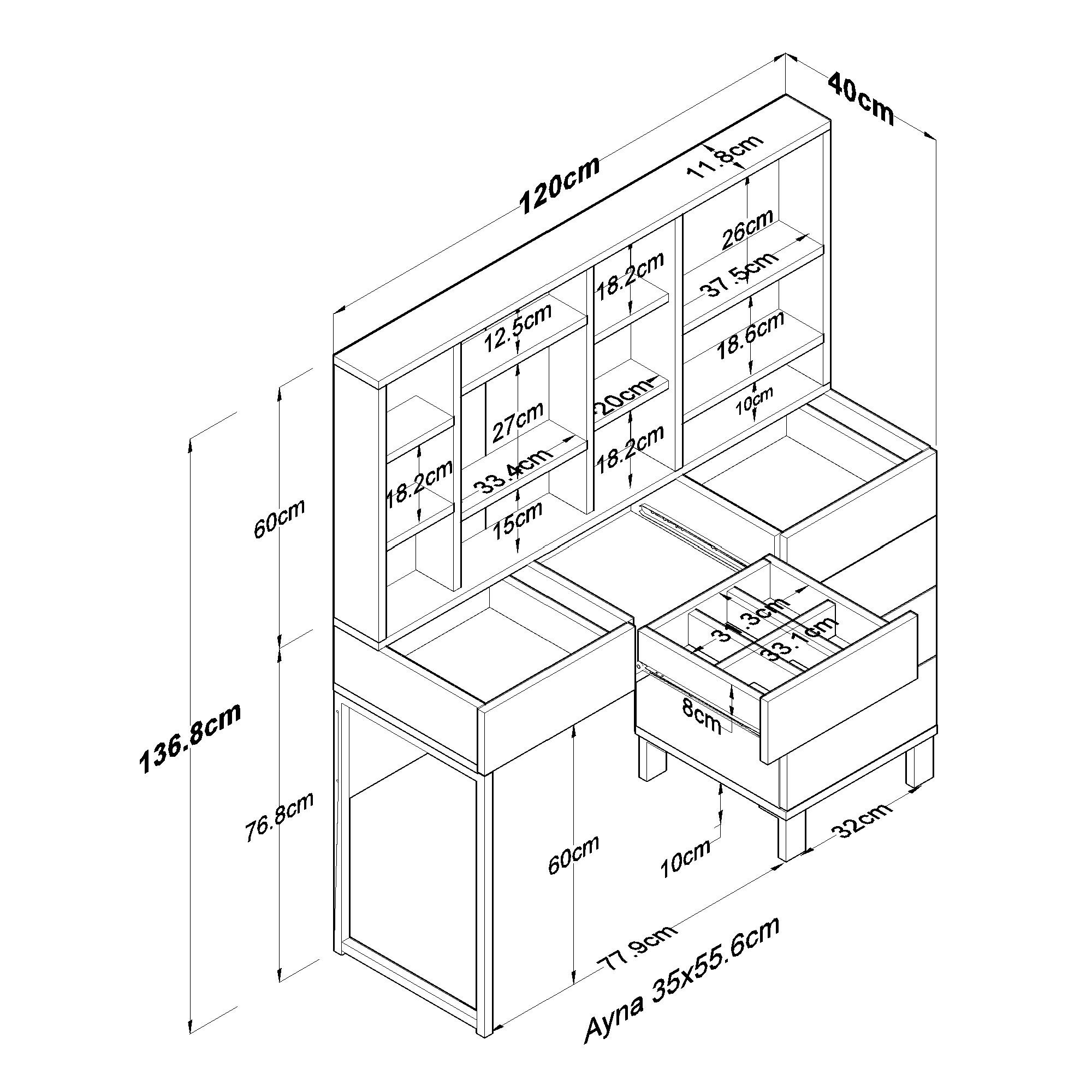 Meikkipöytä Valento Furniture BJ140-3831, leveys 120cm, valkoinen