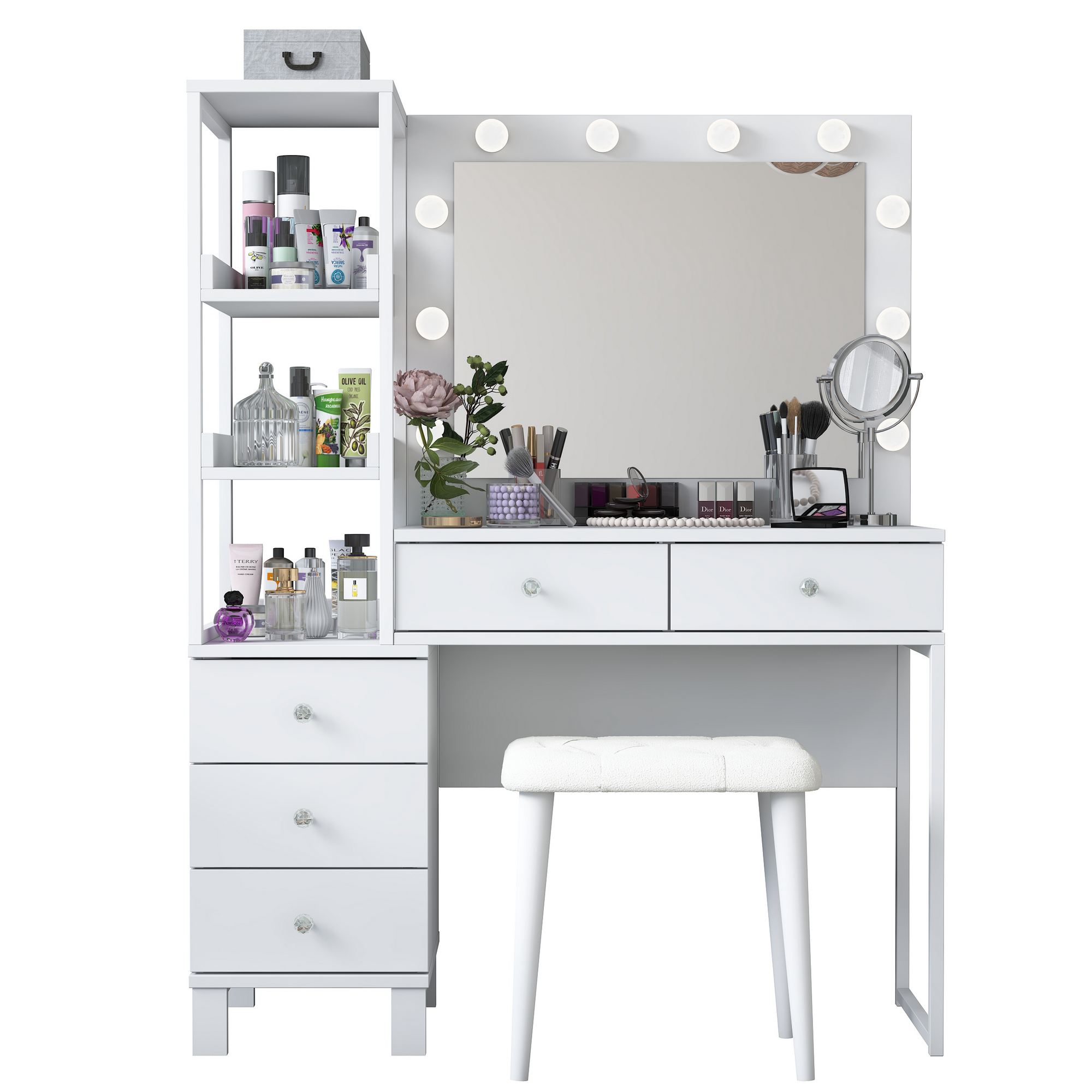 Meikkipöytä rahilla Valento Furniture BJ155 - 3852, 120x79.8x44.5 cm, valkoinen