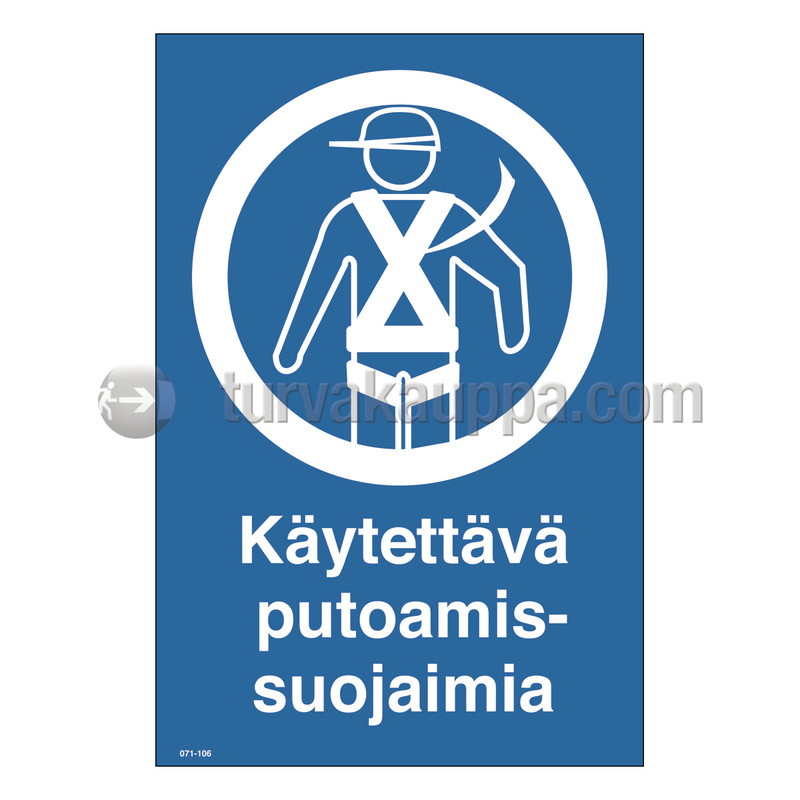 Merkintäkilpi &quot;Käytettävä putoamissuojaimia&quot;, 20x30cm