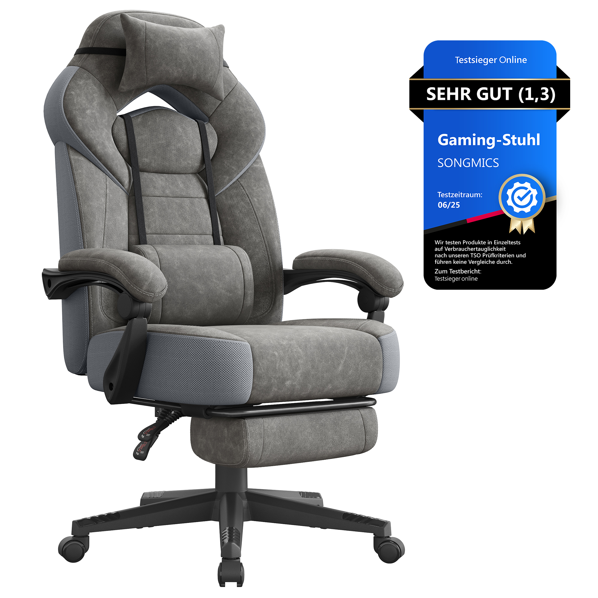 Pelituoli Songmics Cathy, 72,4 x 69,7 x 118-128 cm, ergonominen, jalkatuki, säädettävä, harmaa