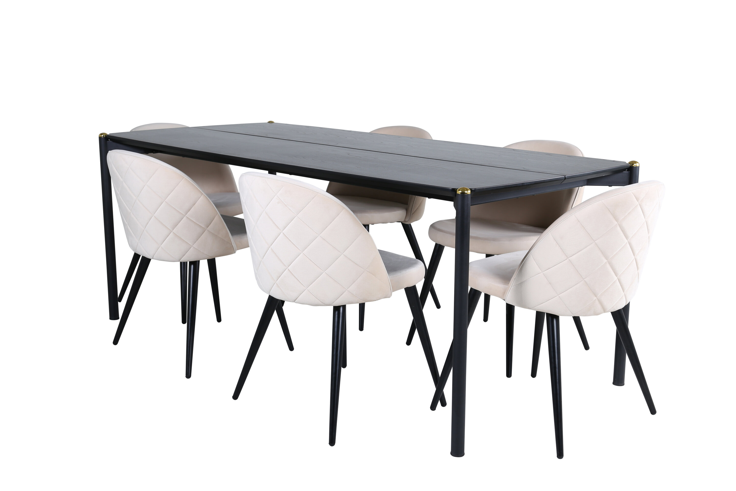 Ruokailuryhmä Venture Home Pelle/Velvet Stitches, 190x90cm pöytä + 6 tuolia, musta/beige