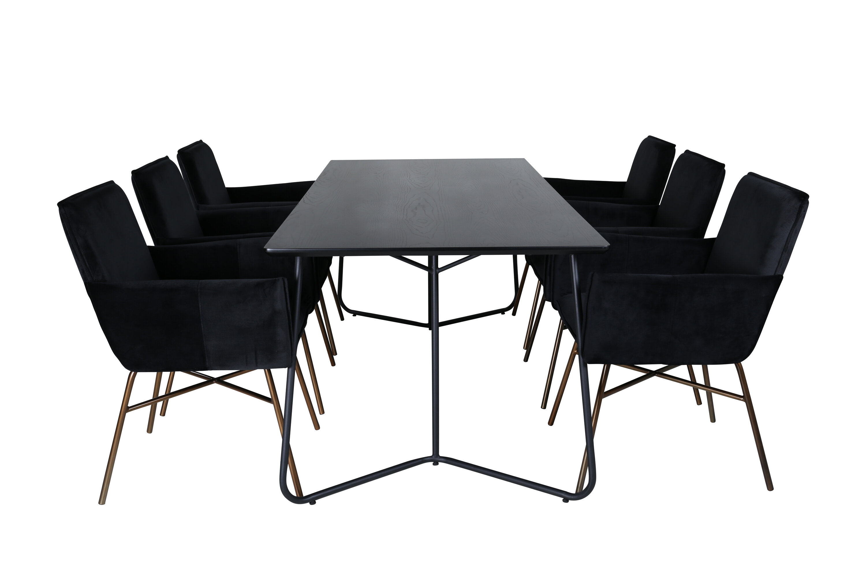Ruokailuryhmä Venture Home Petra, 190x90cm pöytä + 6 tuolia, musta/musta sametti/kupari