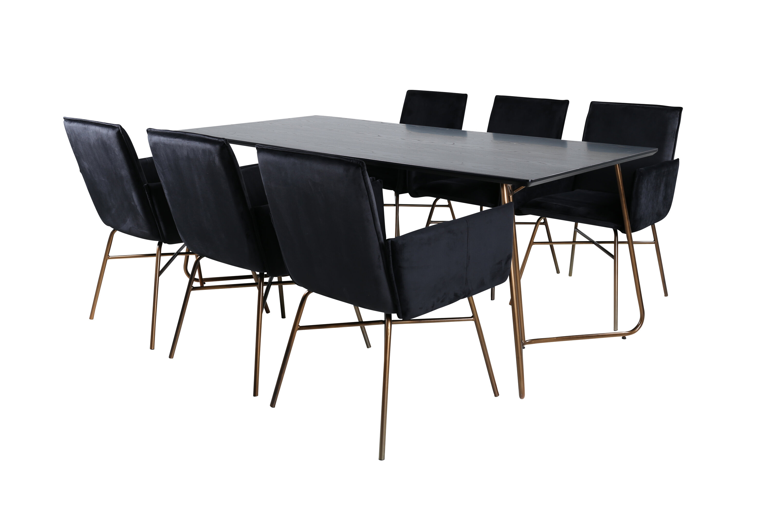 Ruokailuryhmä Venture Home Petra, 190x90cm pöytä + 6 tuolia, musta sametti/kupari