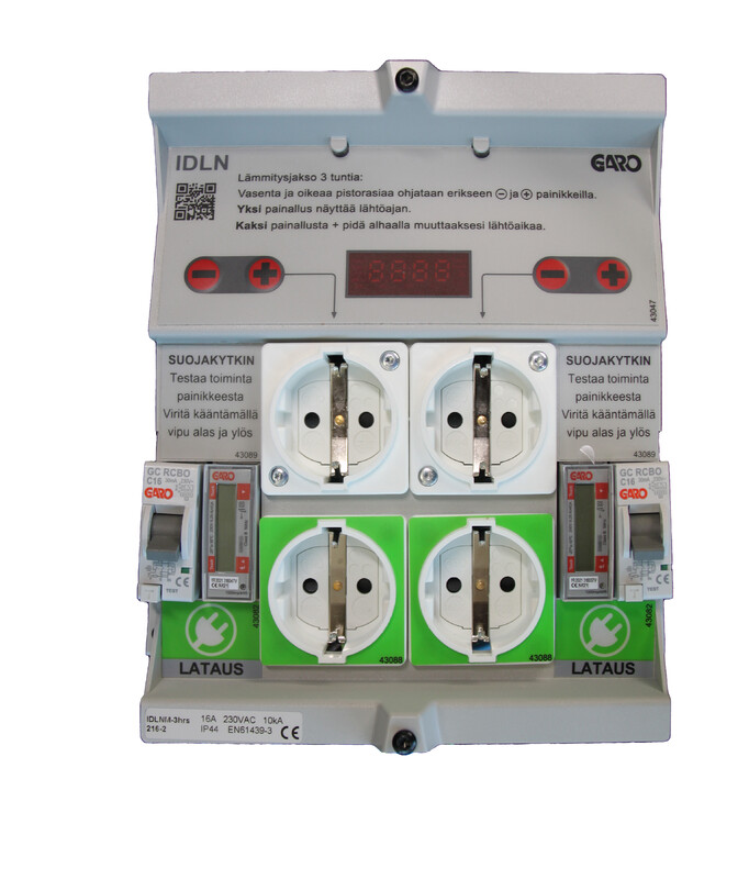 Piharasian sähköauton lataus- ja lämmityselementti Garo IDLNM-3hrs 216-2 kWh-Modbus, kWh-modbus MID väyläluettava, kiinteä 3 tunnin kello, 2xC16A 30mA vikavirtajohdonsuojakatkaisija