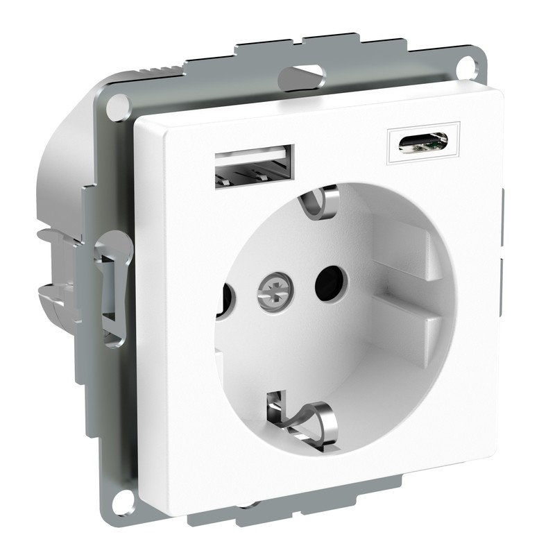 Pistorasia Schneider Electric Exxact 1-osainen + 2x USB lataus A+C 3 A, valkoinen