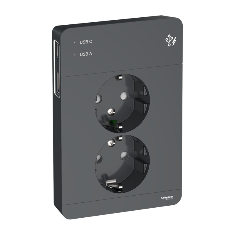 Pistorasia Schneider Electric Exxact, 2-osainen, peitelevyllä + 2x USB lataus A+C 3A, antrasiitti